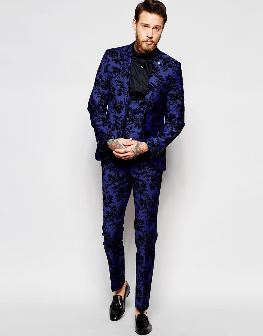 Noose And Monkey Suit Jacket With Stretch And Floral Flocking In Super Skinny  Fit in Blue for Men