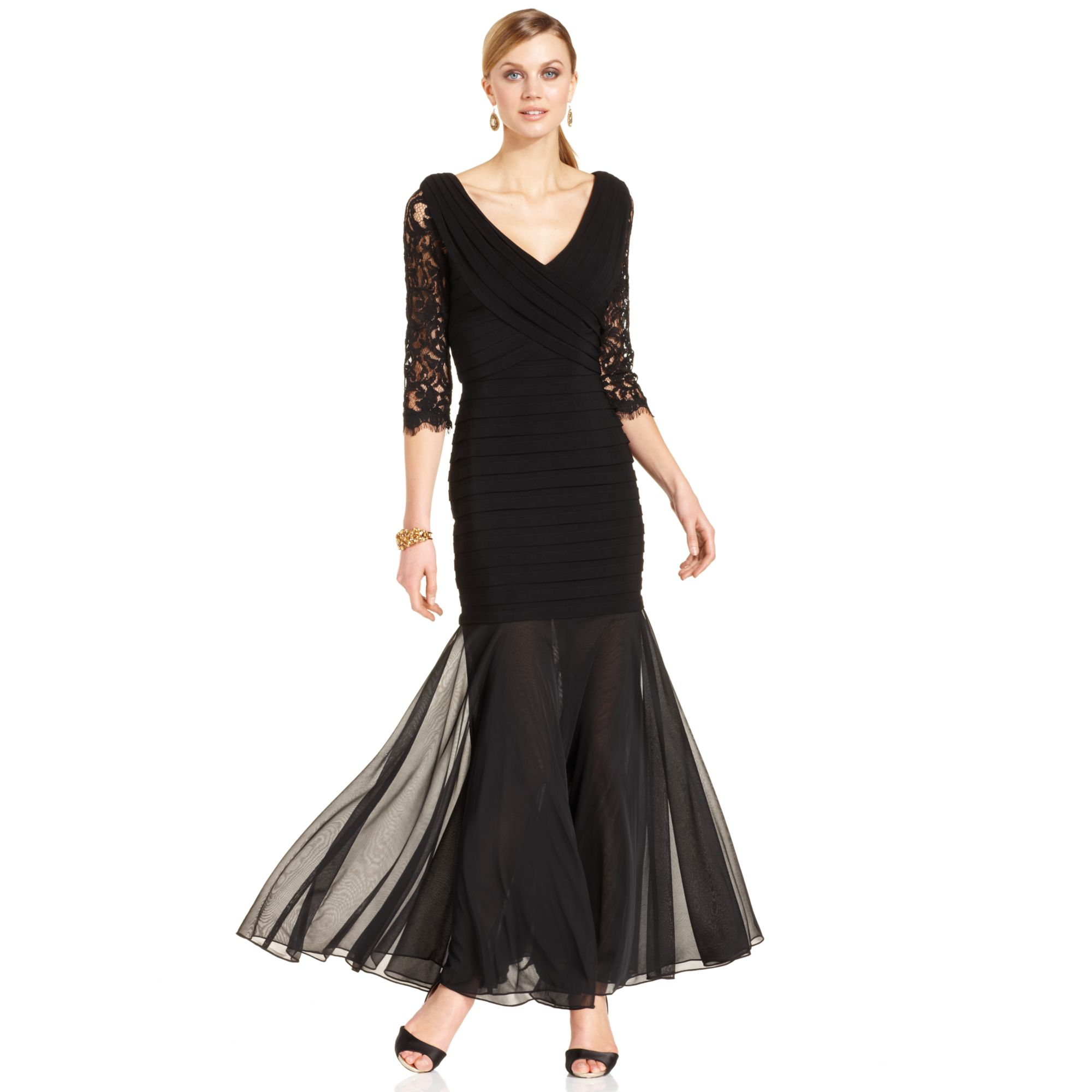 xscape lace sleeve chiffon gown