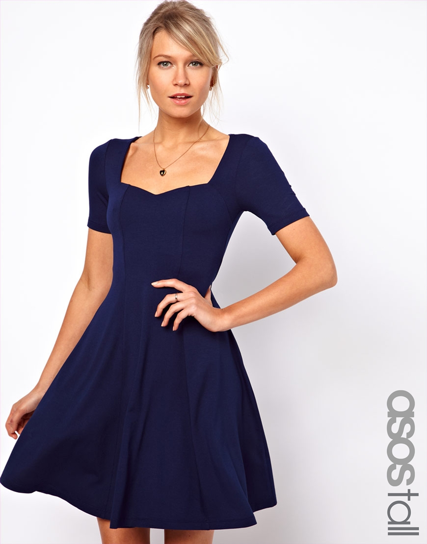 ASOS Skater Dress With Short Sleeve And Sweetheart Neck in Blue | Lyst