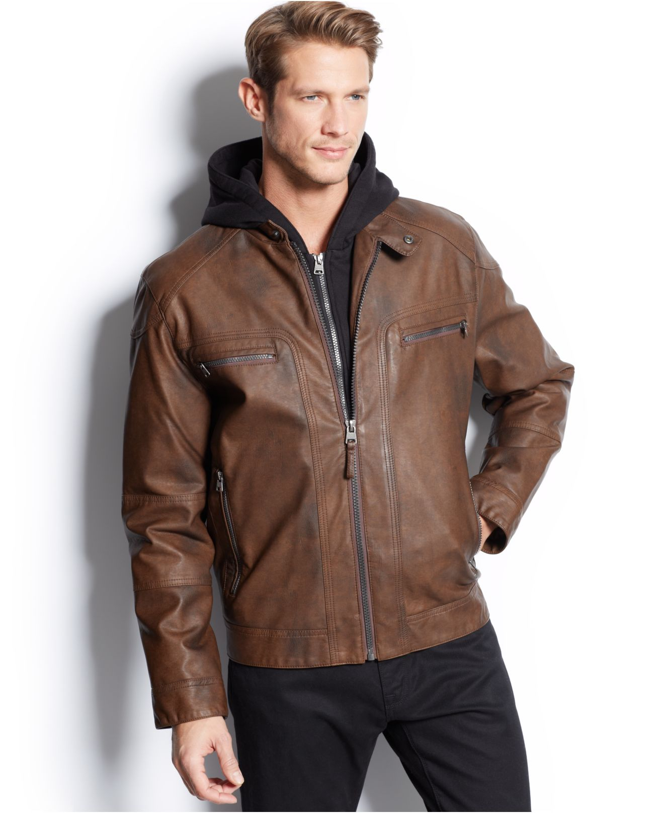 Calvin Klein Hooded Faux Leather Moto Jacket in Brown for Men - Lyst