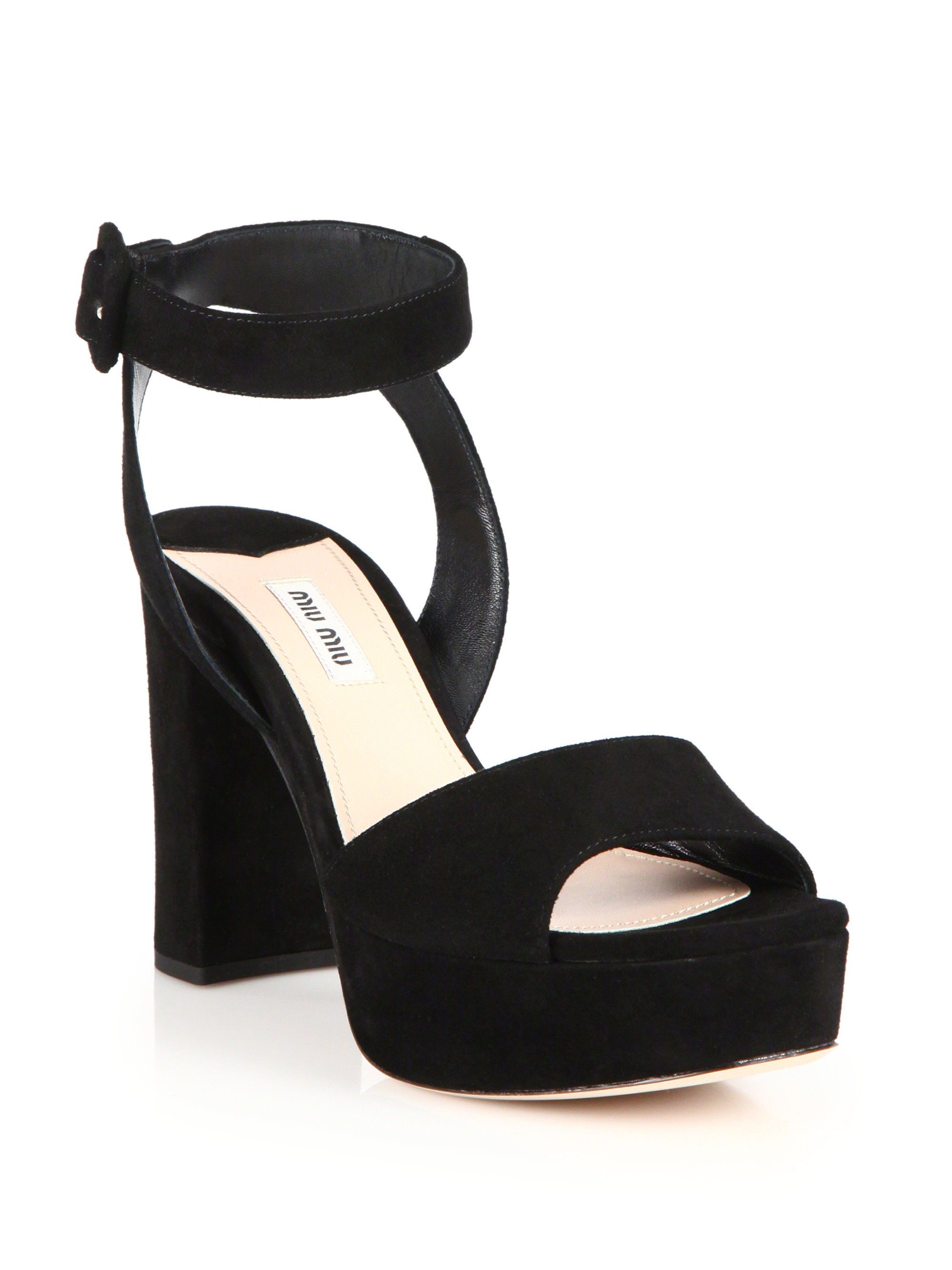 Miu Miu Suede Block Heel Sandals in Black | Lyst