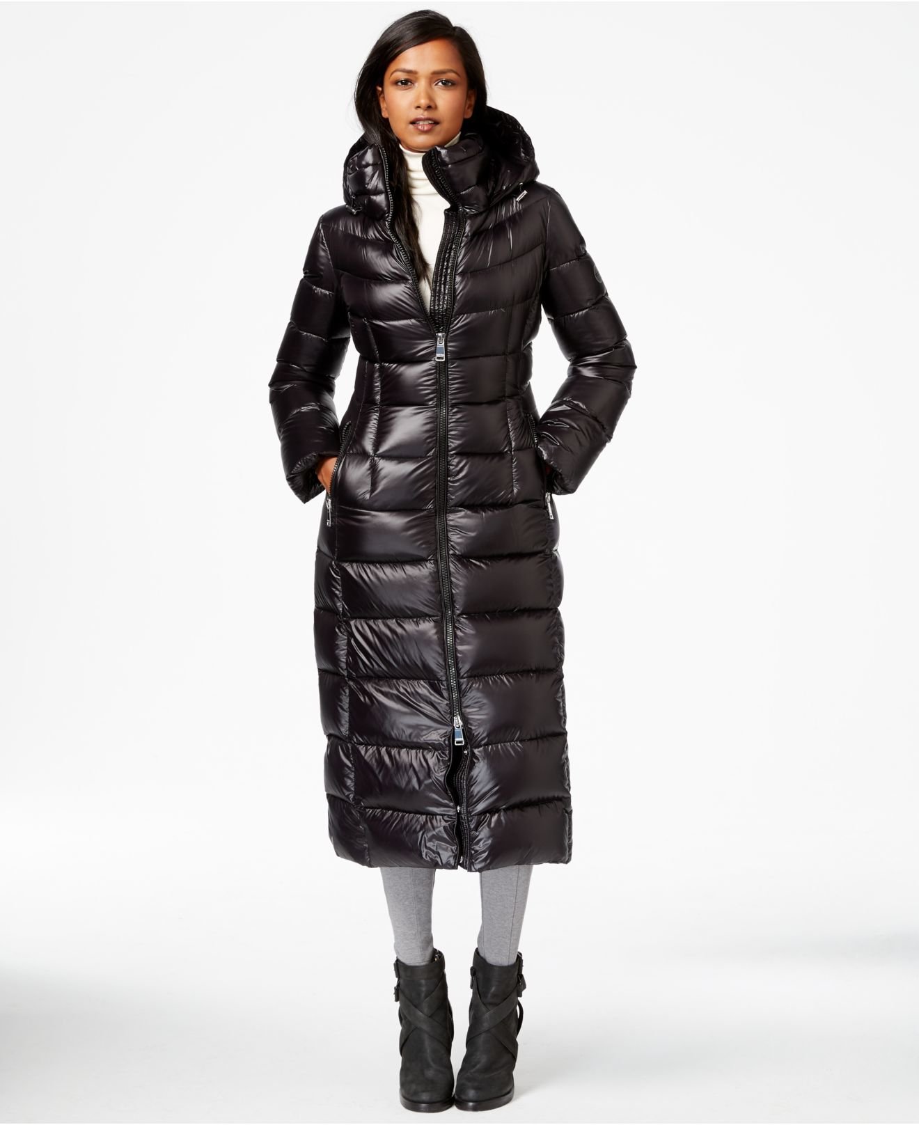 Calvin Klein Satin Maxi Puffer Coat in Black - Lyst