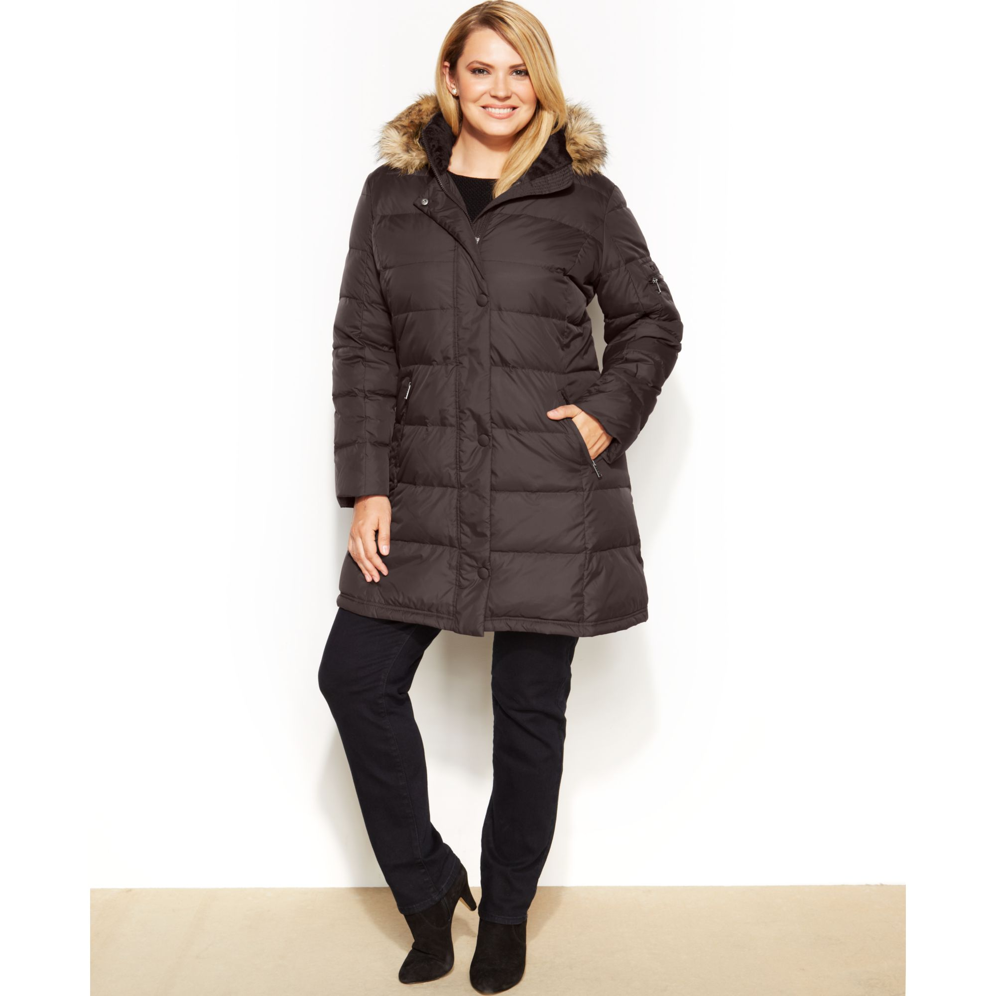 Dkny Plus Size Faux-Fur-Trim Hooded Down Puffer Coat in Brown ...