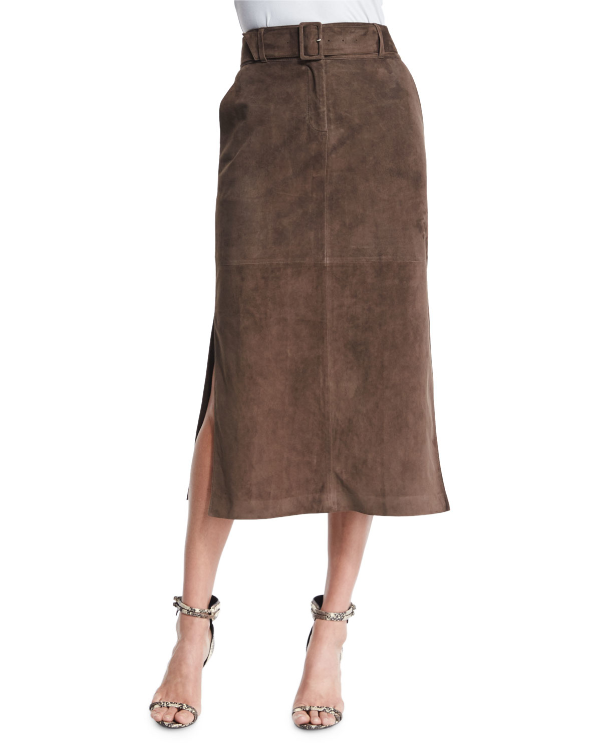 Lyst - Lafayette 148 New York Ramona Belted Suede Skirt in Brown
