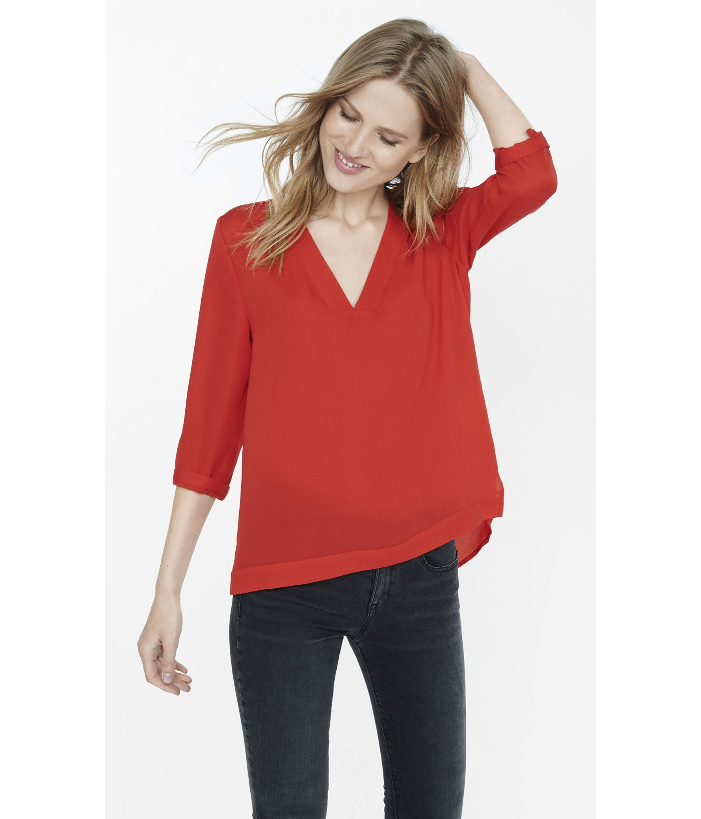 Express Deep V-neck Hi-lo Tunic Top in Red (ENGINE RED) | Lyst
