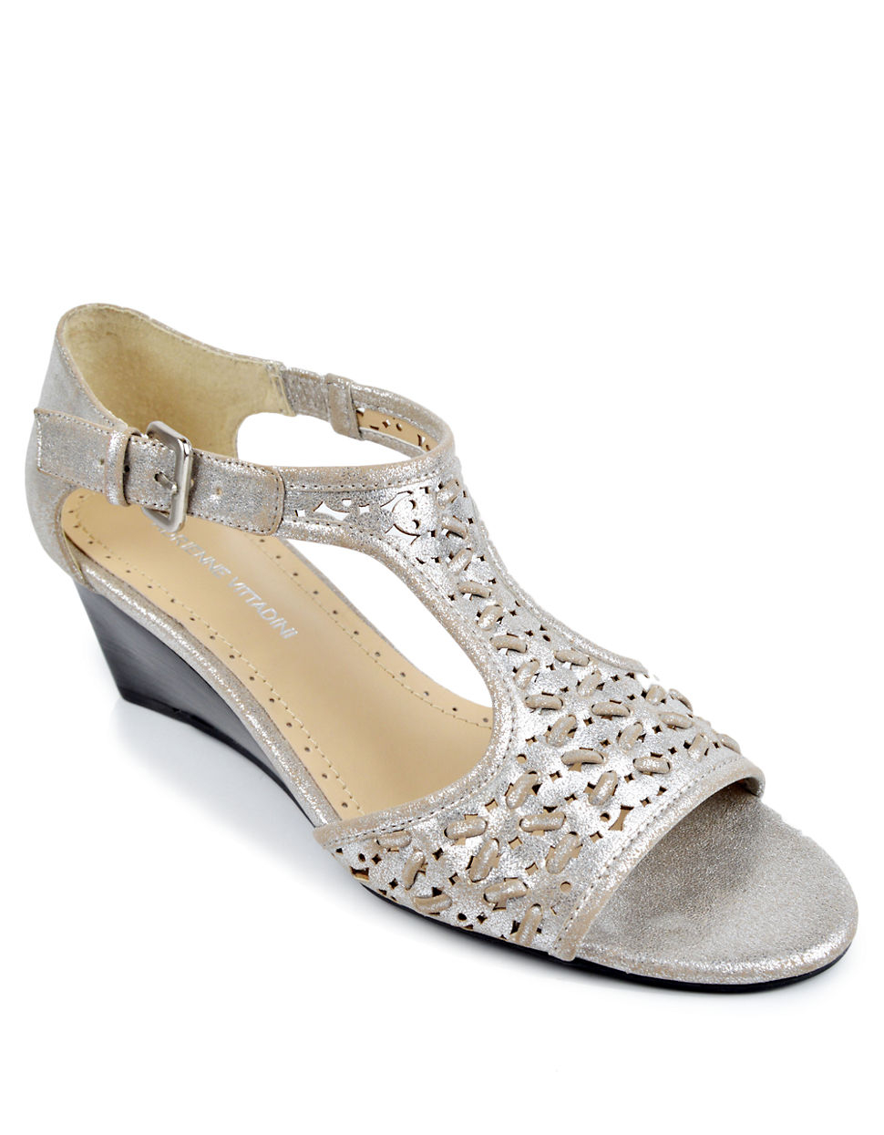 Adrienne Vittadini Caldre Metallic Suede Wedge Sandals in Metallic - Lyst