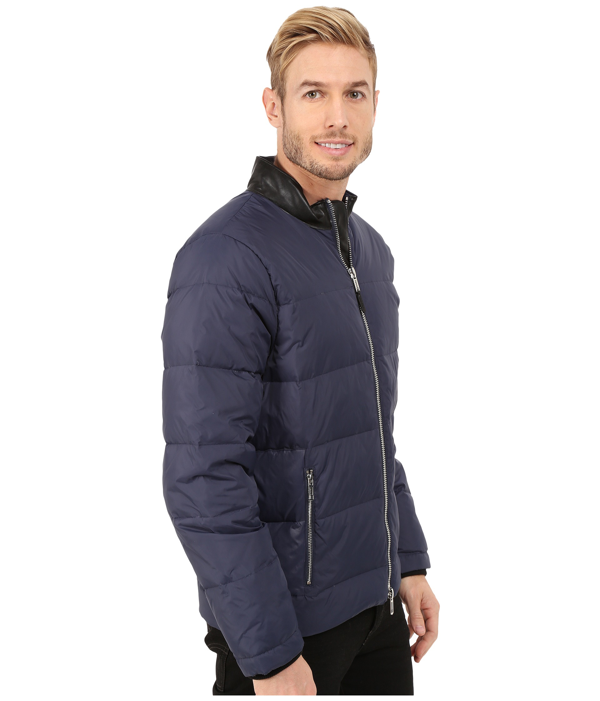 Calvin Klein Nylon Down Jacket With Faux Leather Collar Detail in Blue