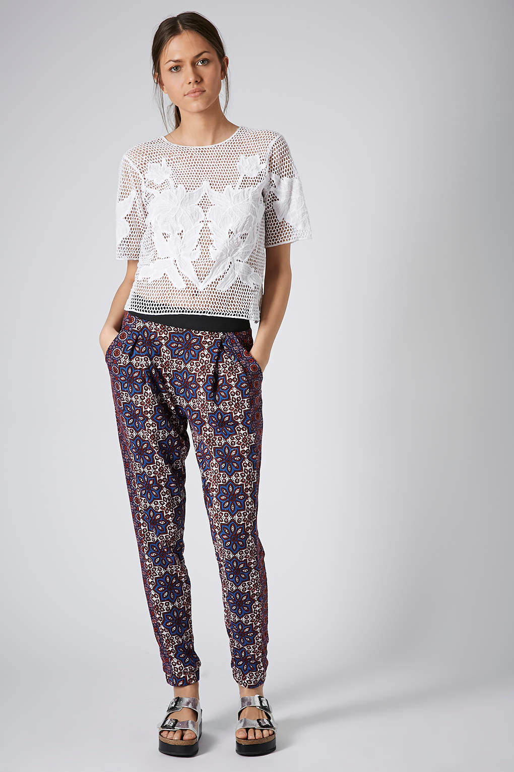 Lyst - Topshop Mixed Tile Print Jersey Tapered Trousers in Purple