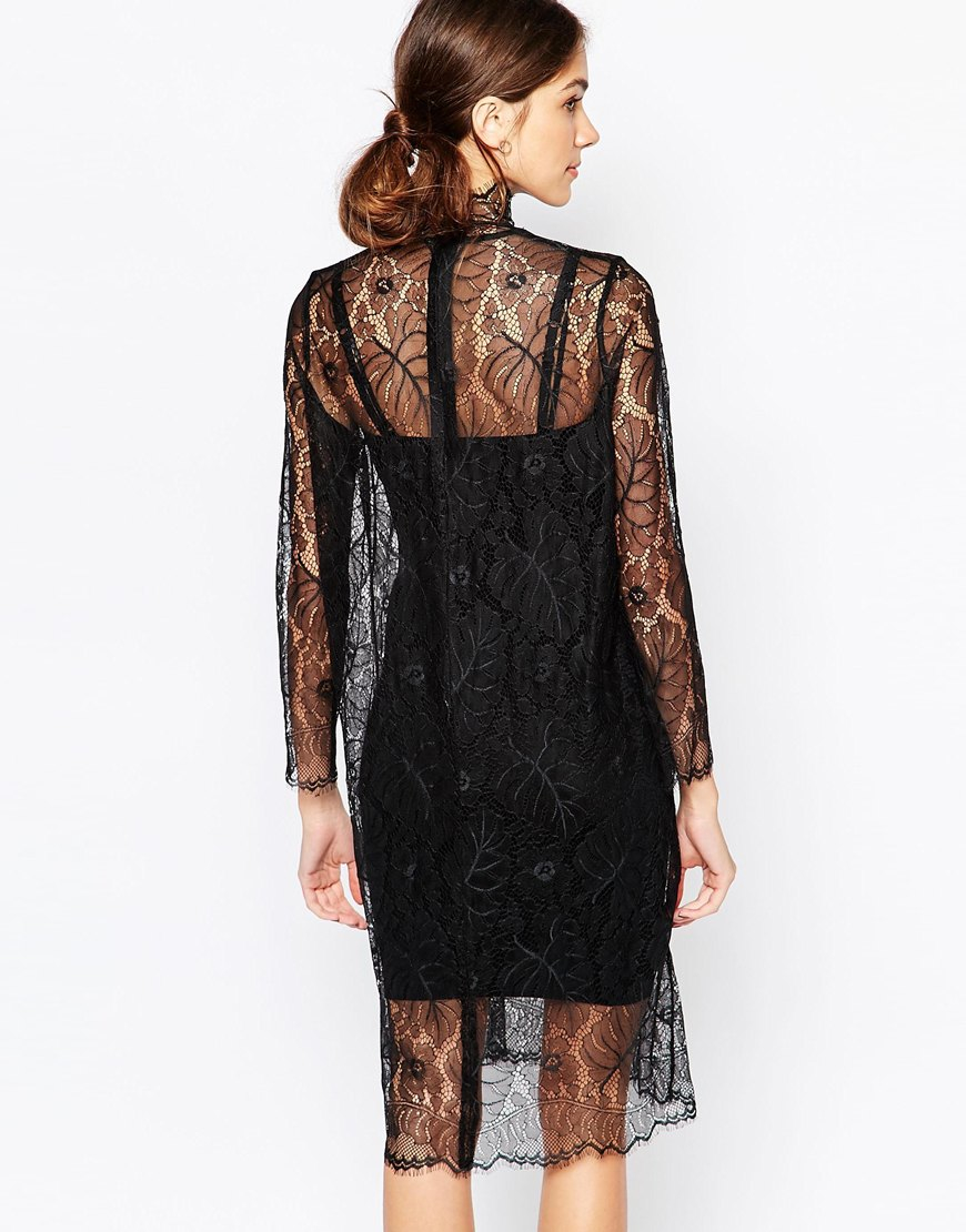 Ganni Sheer Swing Dress In Lace in Black - Lyst