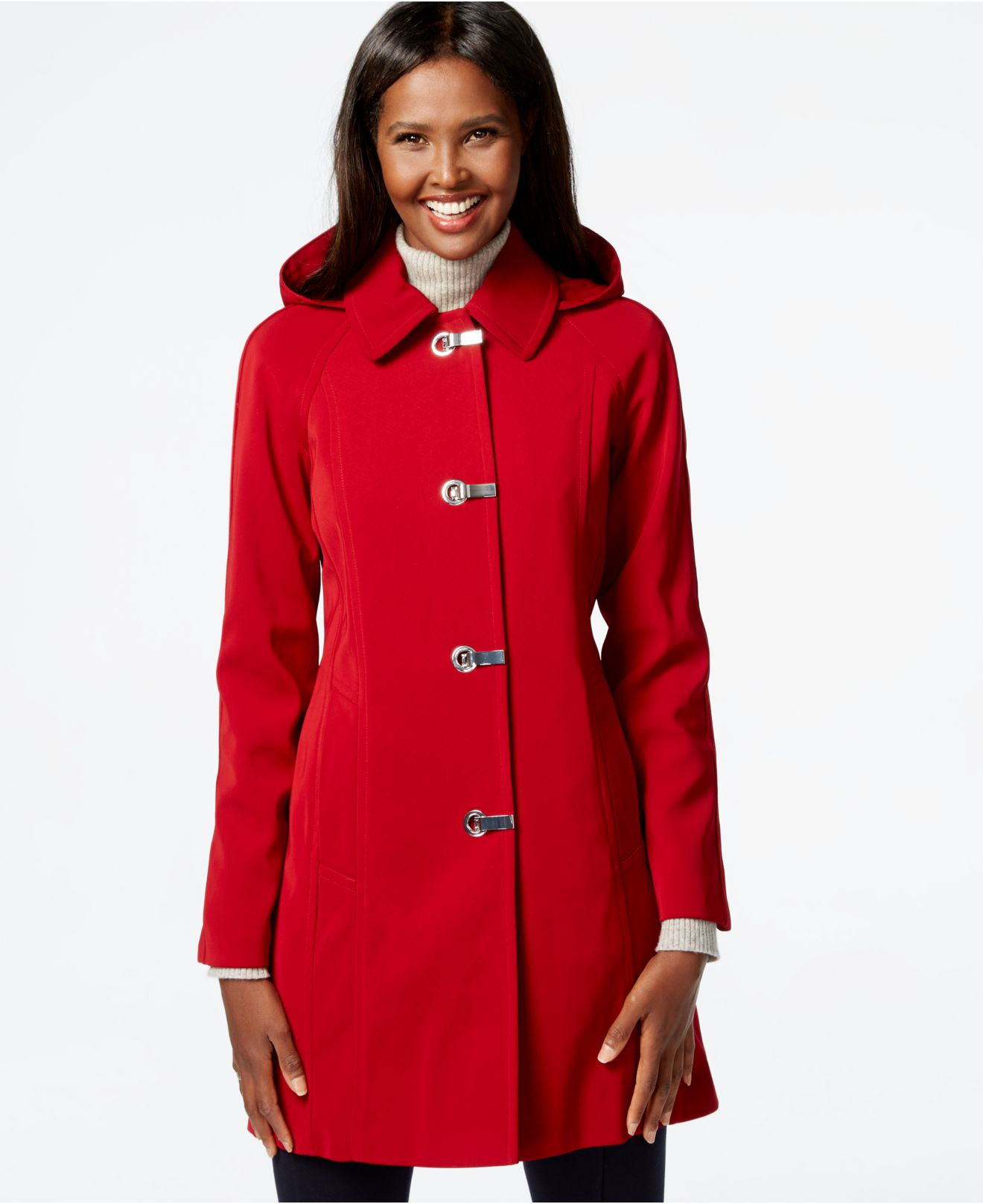 London Fog Synthetic Petite Hooded Clip-front Jacket in Red - Lyst