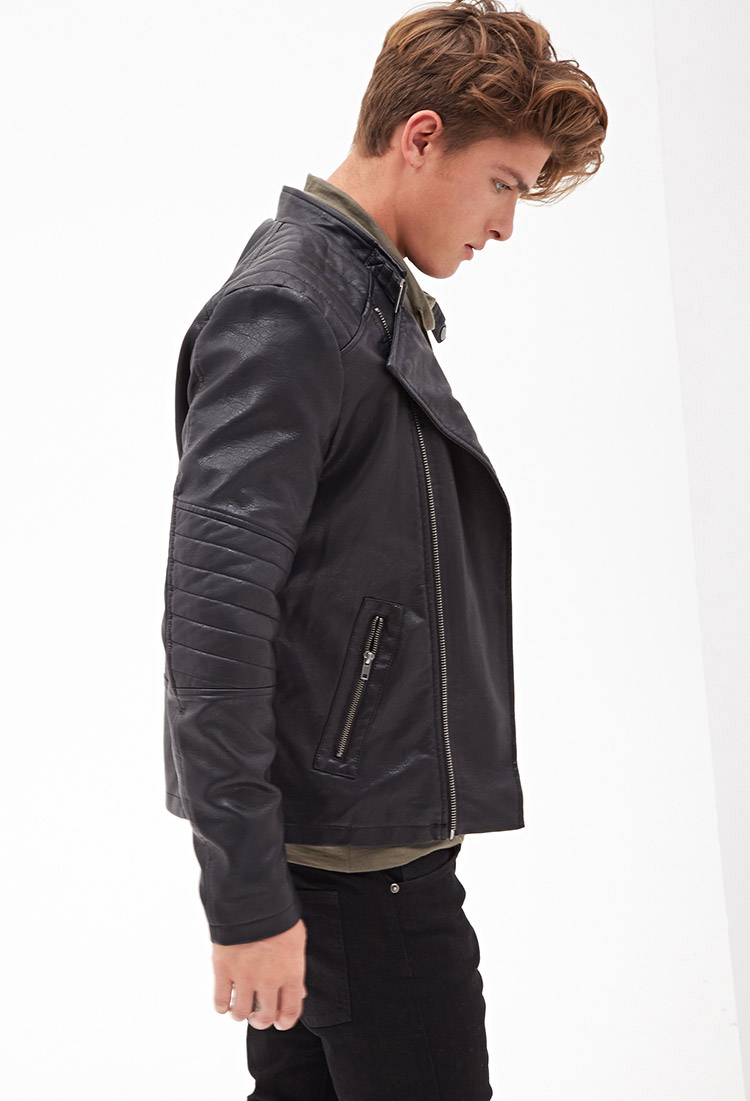 Forever 21 Black Quilted Faux Leather Moto Jacket For Men