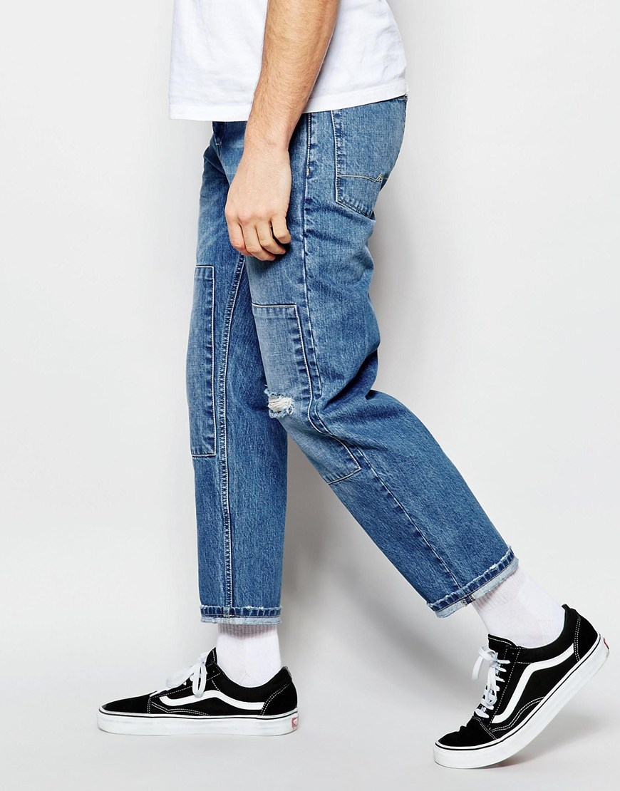 ASOS Straight Jeans In Cropped Length With Patches in Blue for Men | Lyst