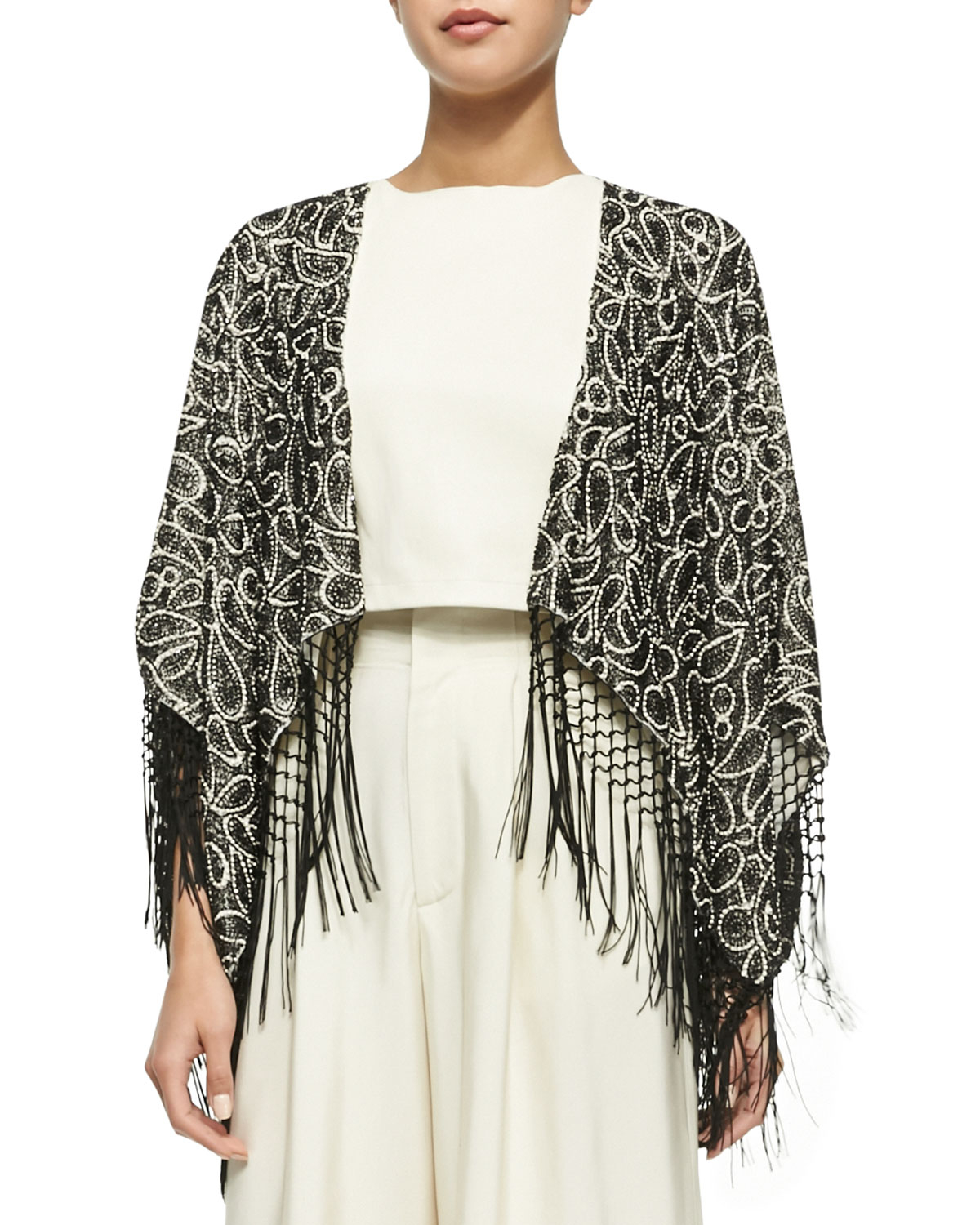 Alice + olivia Bae Embroidered Beaded Fringe Shawl in Black Lyst