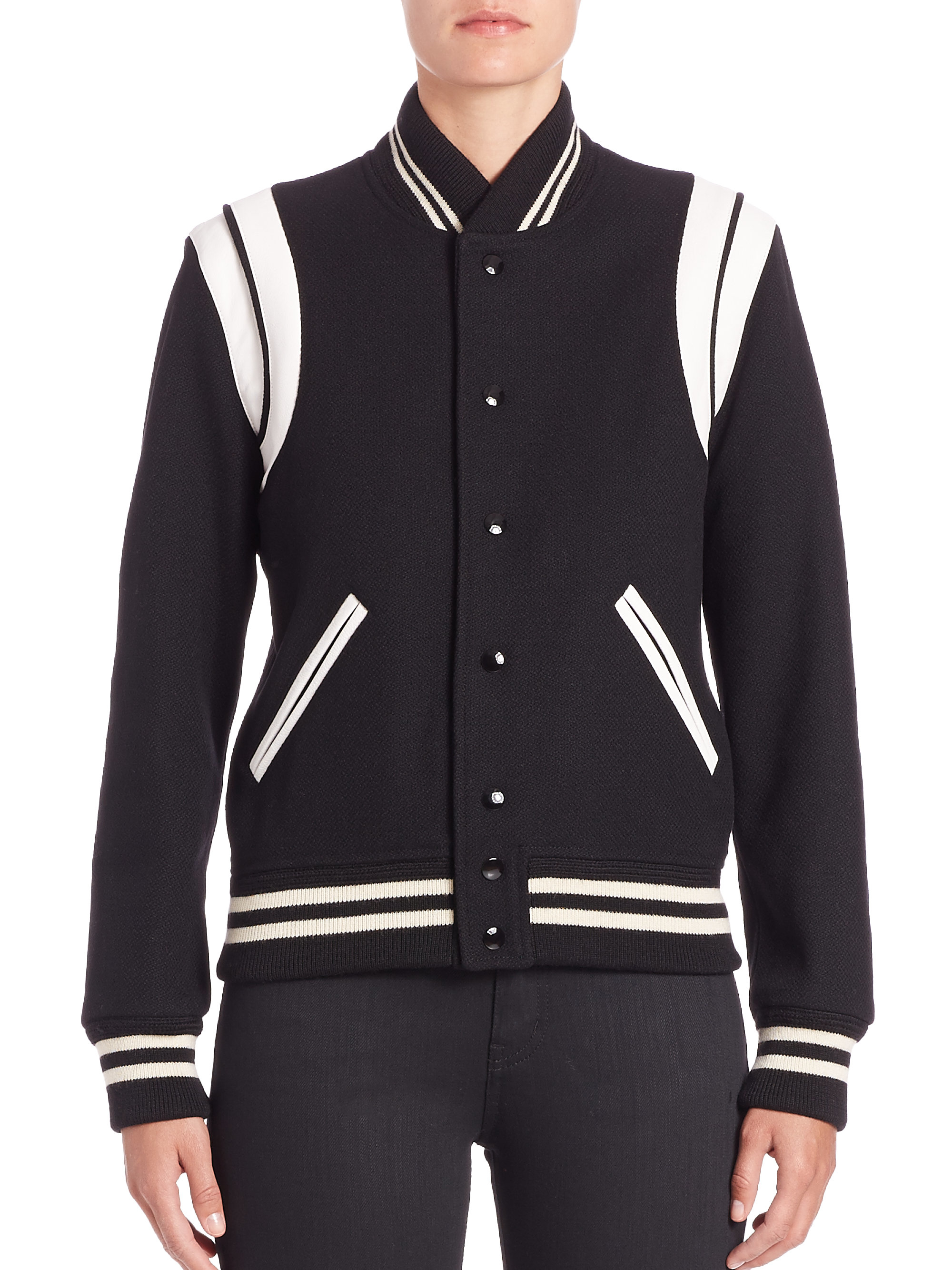 Lyst - Saint Laurent Teddy Leather-Trimmed Wool Varsity Jacket in Black