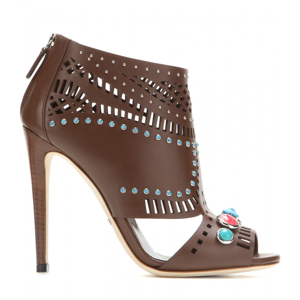 Lyst Gucci Embellished OpenToe Leather Ankle Boots in Brown
