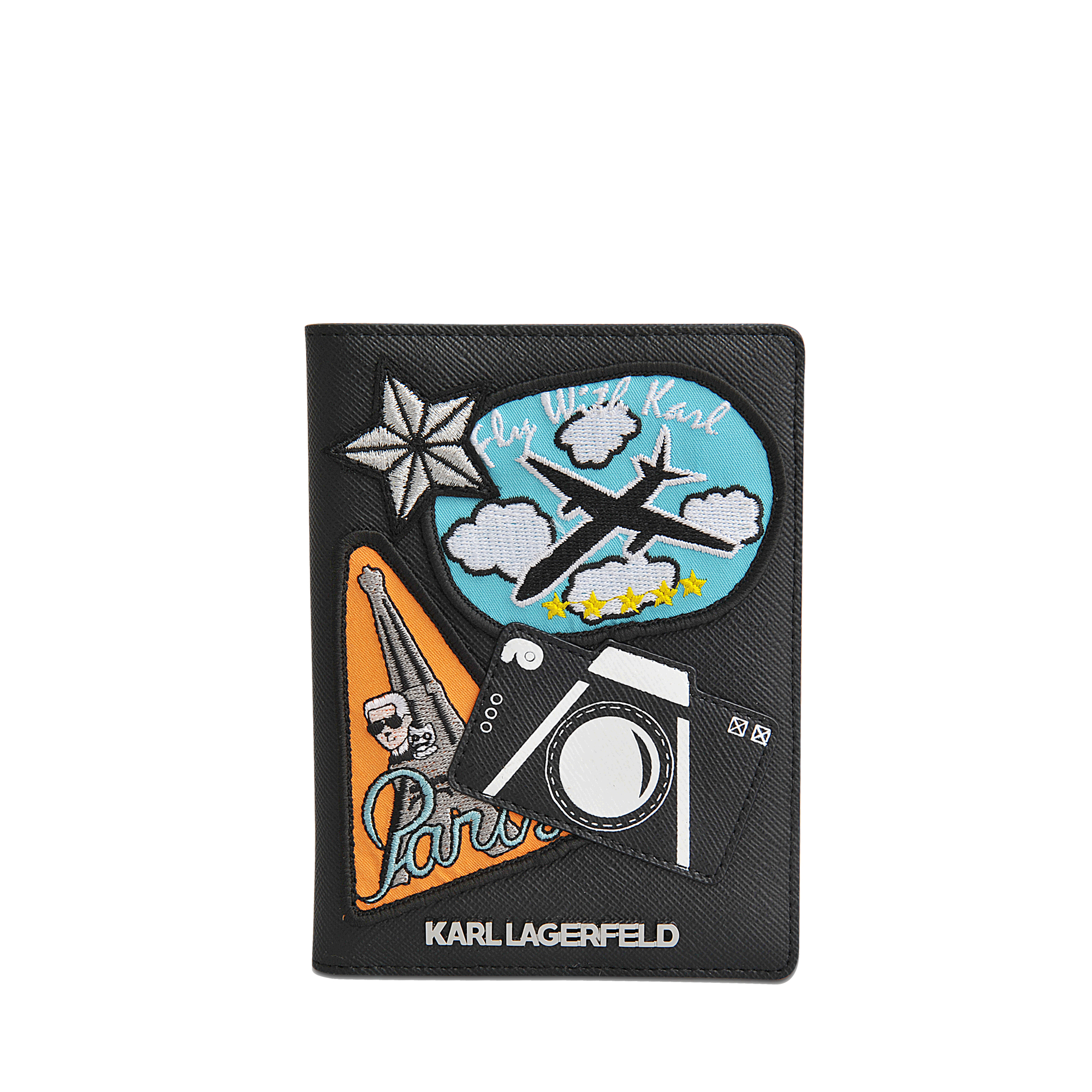 Karl Lagerfeld Leather Karl Around The World Passport Holder in Black