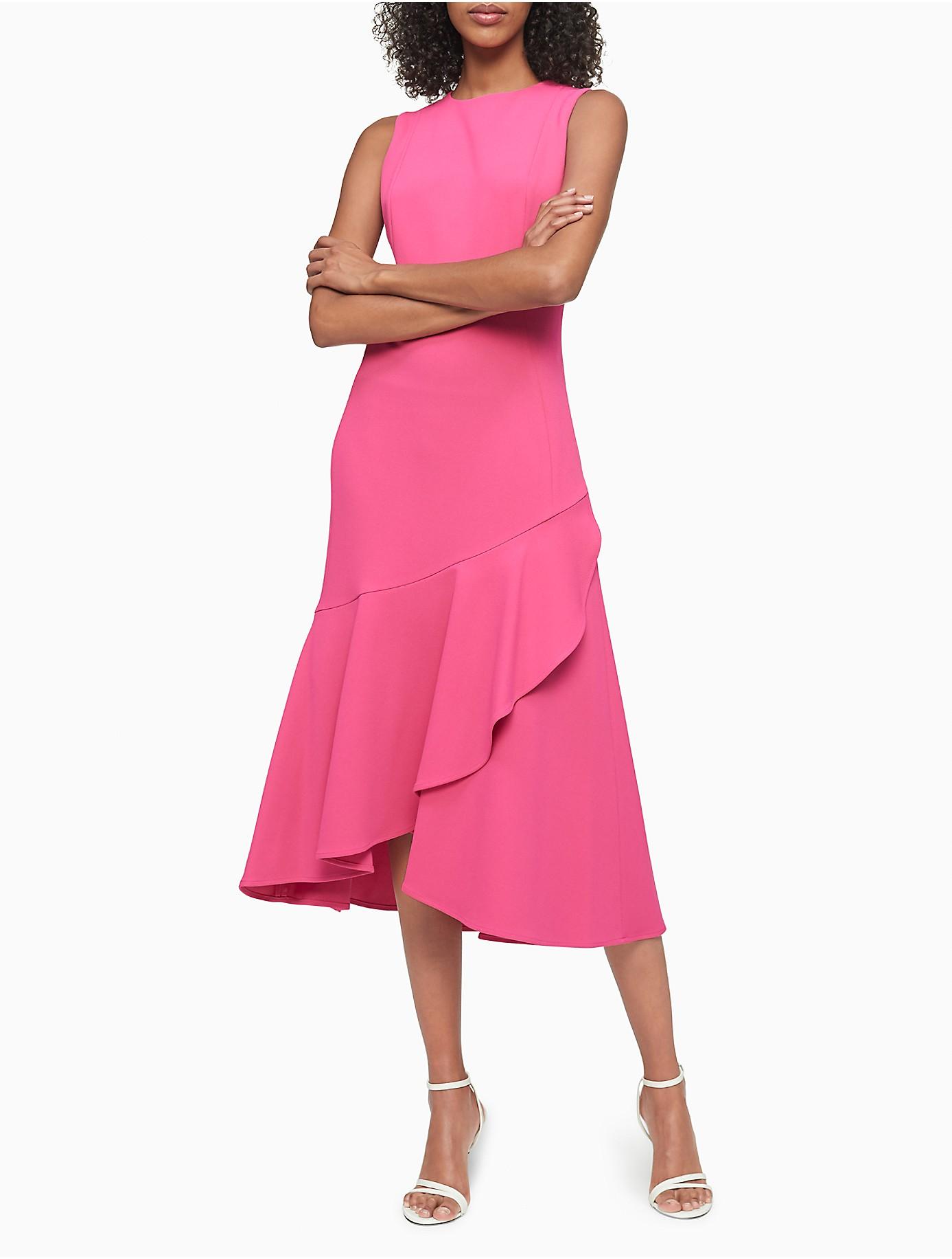 Calvin Klein Synthetic Solid Ruffle Hem Midi Dress in Pink Lyst
