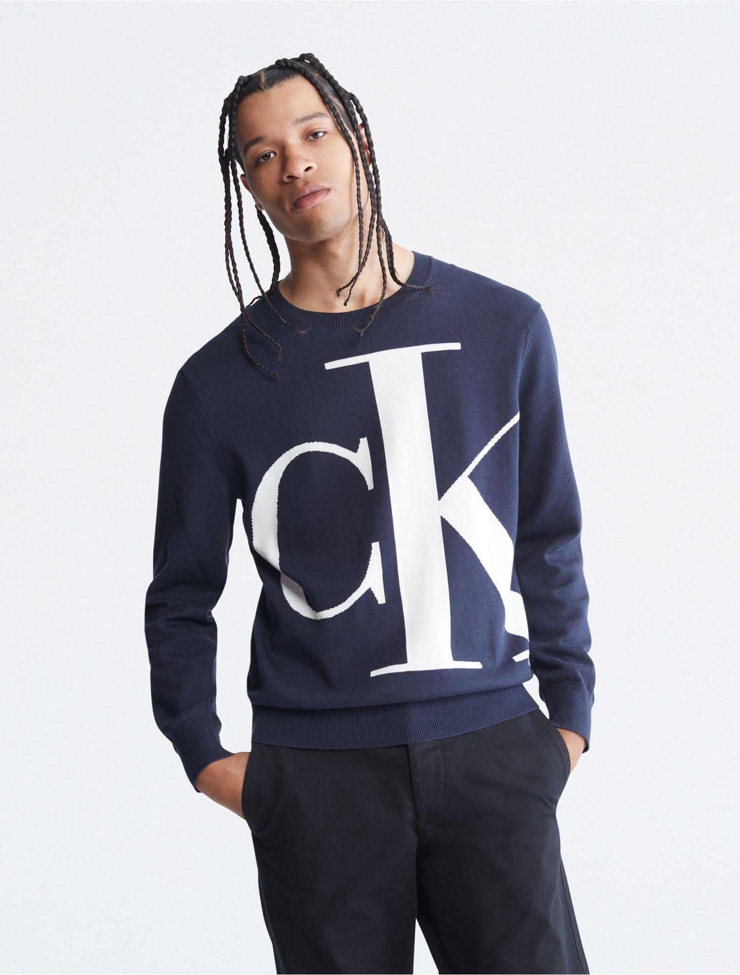 Calvin Klein Supima Cotton Monogram Logo Sweater in Blue for Men | Lyst