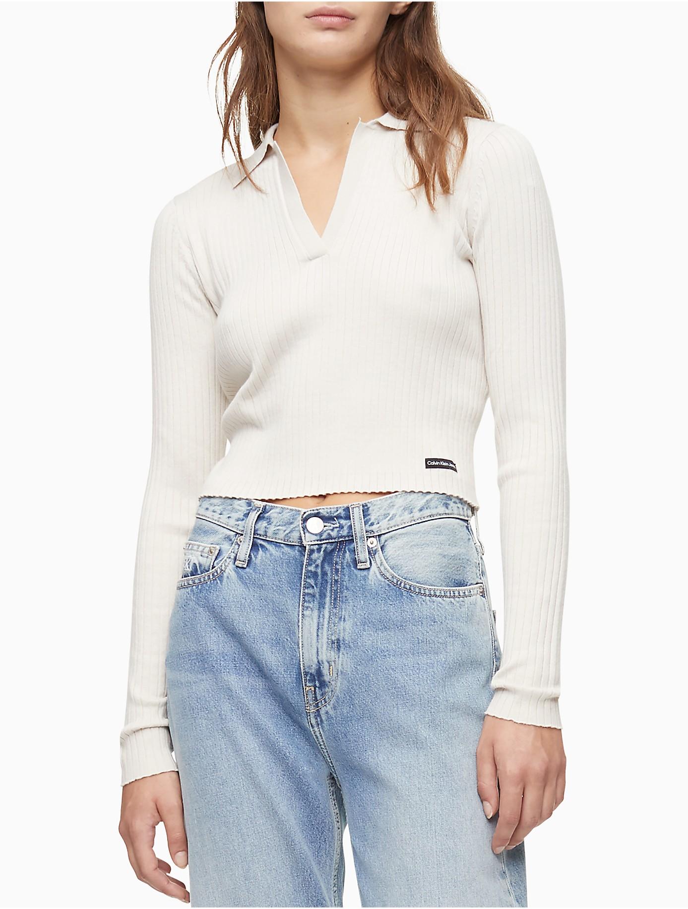 Calvin Klein Ribbed Long Sleeve Cropped Polo Shirt in Blue | Lyst Canada