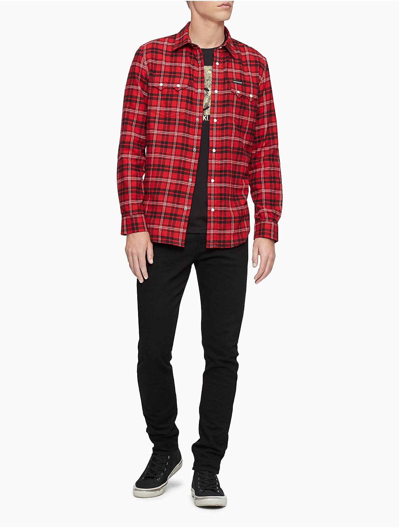 Calvin Klein Flannel Plaid Long Sleeve Button Down Shirt in Red for Men