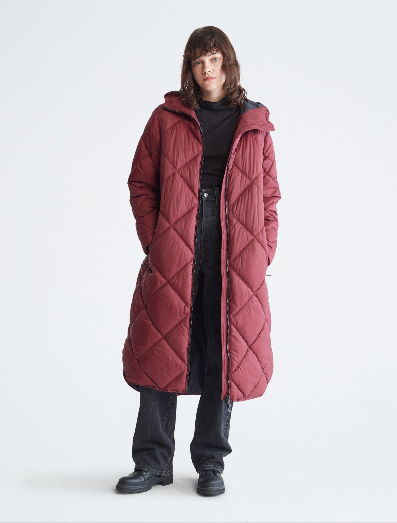 Calvin Klein Repreve® Hooded Long Puffer Jacket in Red | Lyst