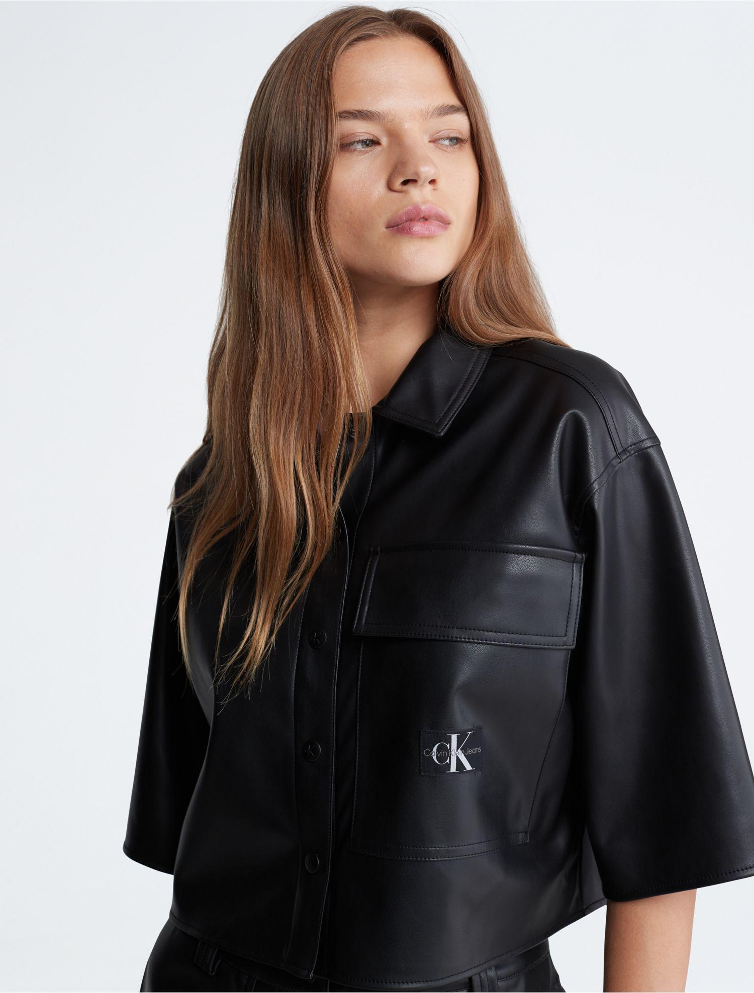 Calvin Klein Boxy Cropped Faux Leather Button-down Shirt in Black | Lyst