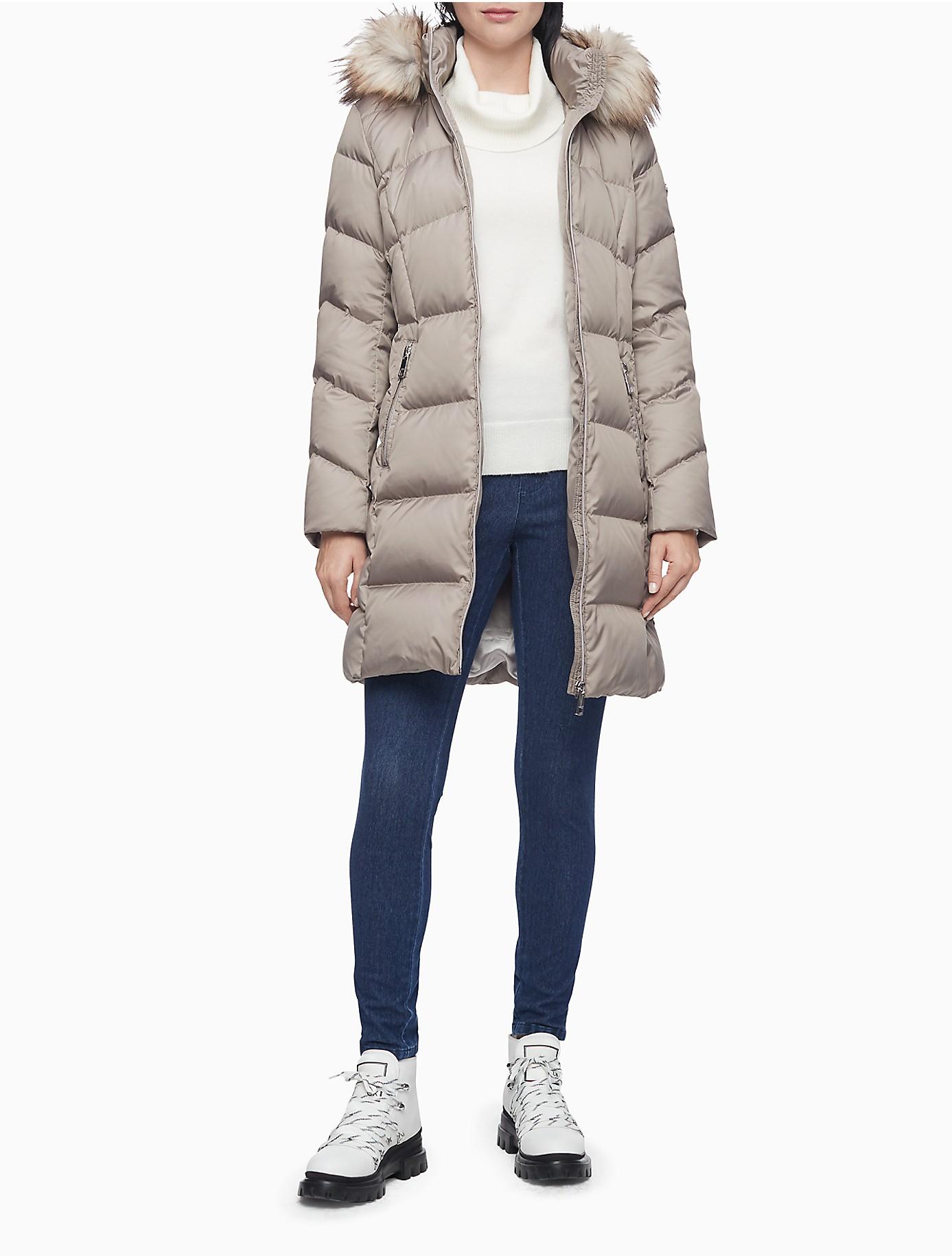Calvin Faux Fur Hood Down Blend Longline Puffer Coat | Lyst