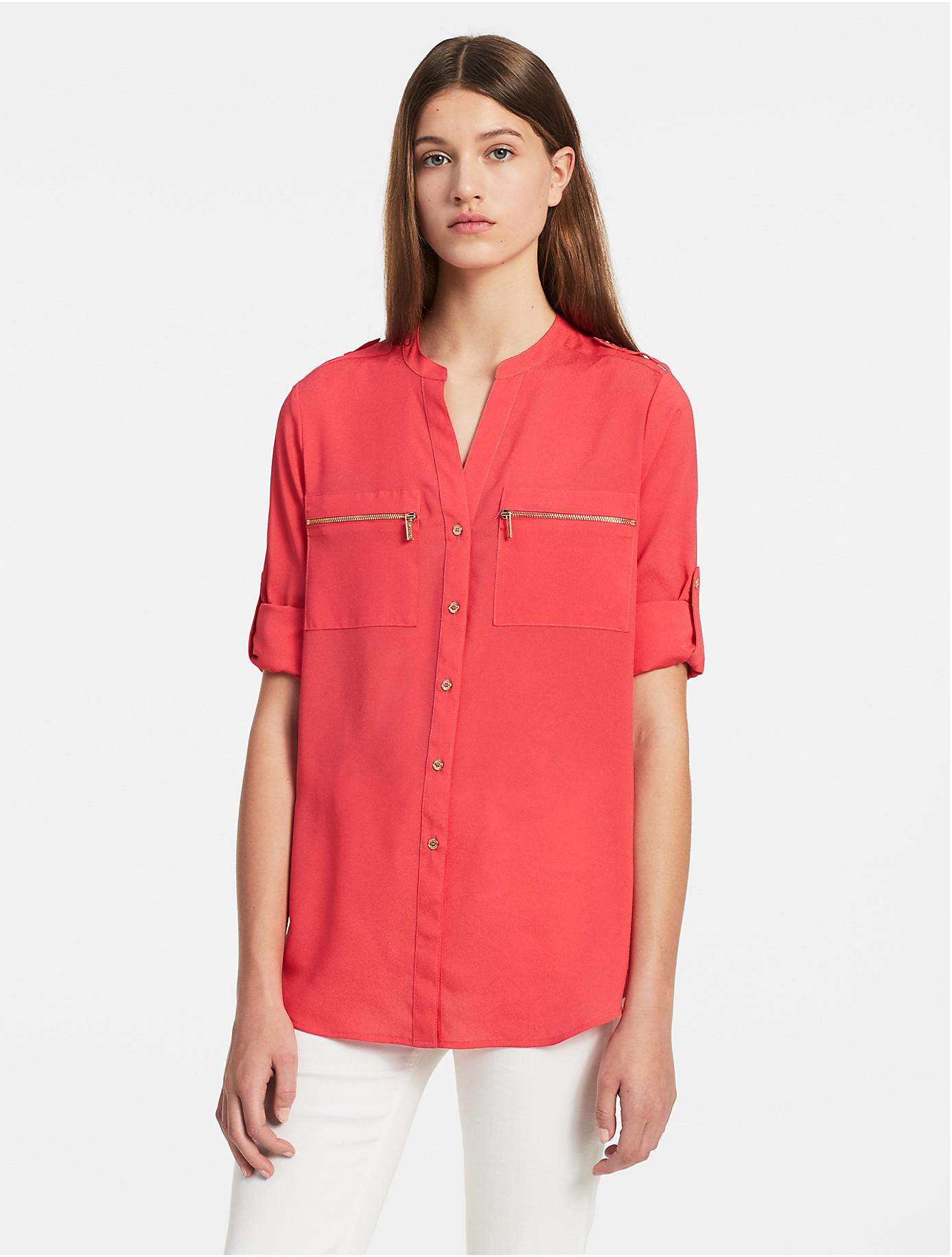 Calvin Klein Synthetic Mandarin Collar Roll-up Sleeve Blouse in Red - Lyst