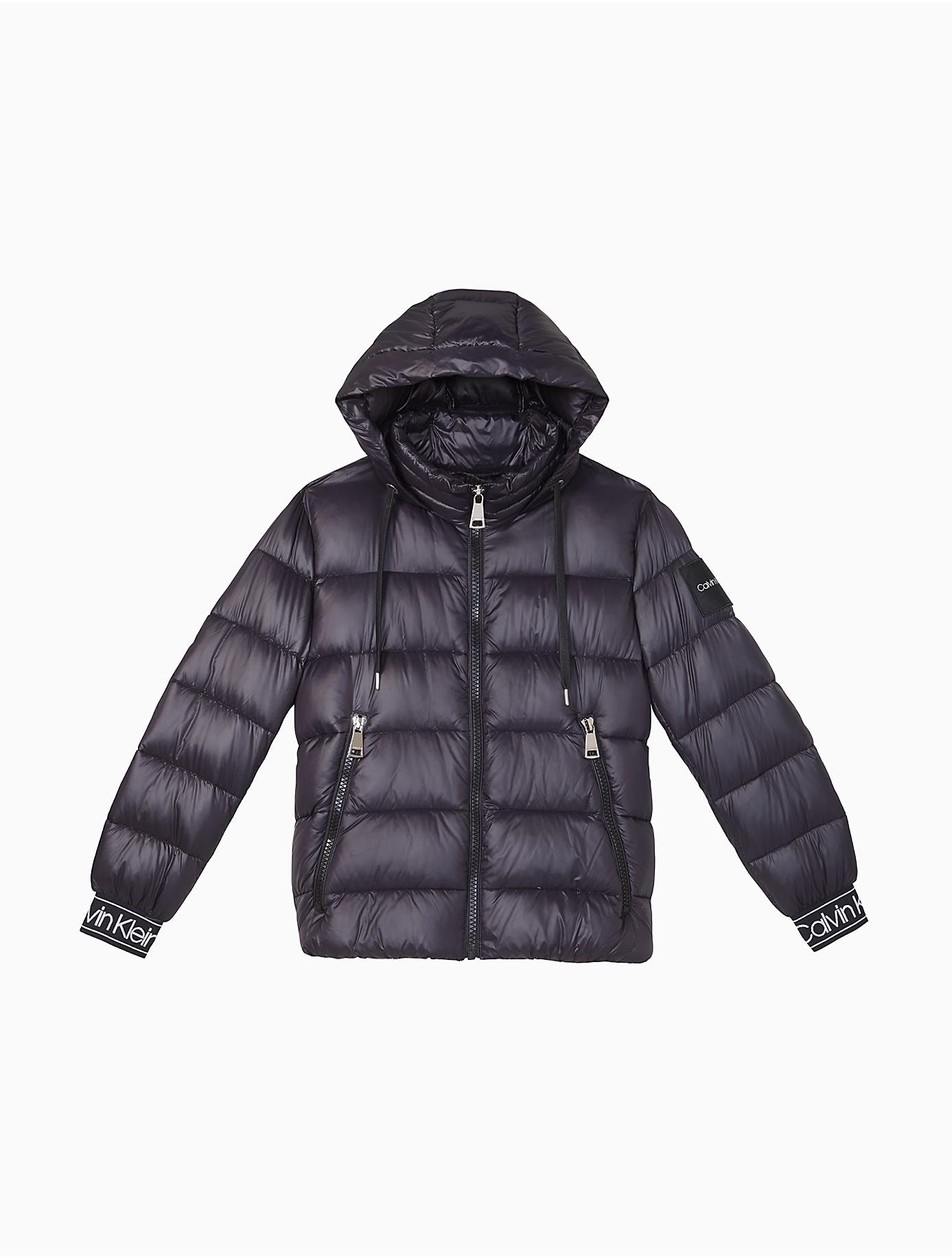 Logo hooded puffer hotsell jacket calvin klein