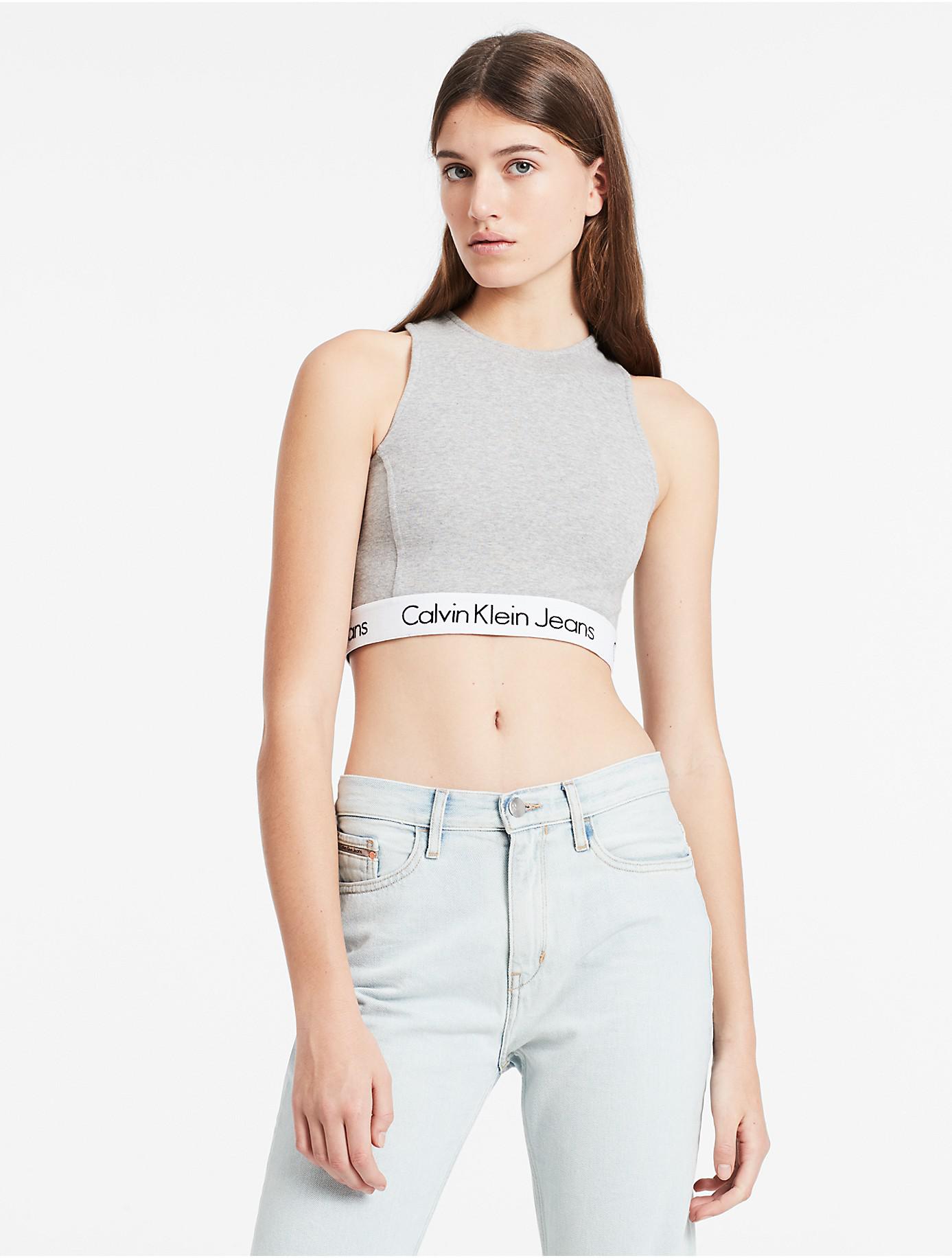 Calvin Klein Denim Jeans Halter Neck Cropped Tank Top in Grey (Gray) - Lyst