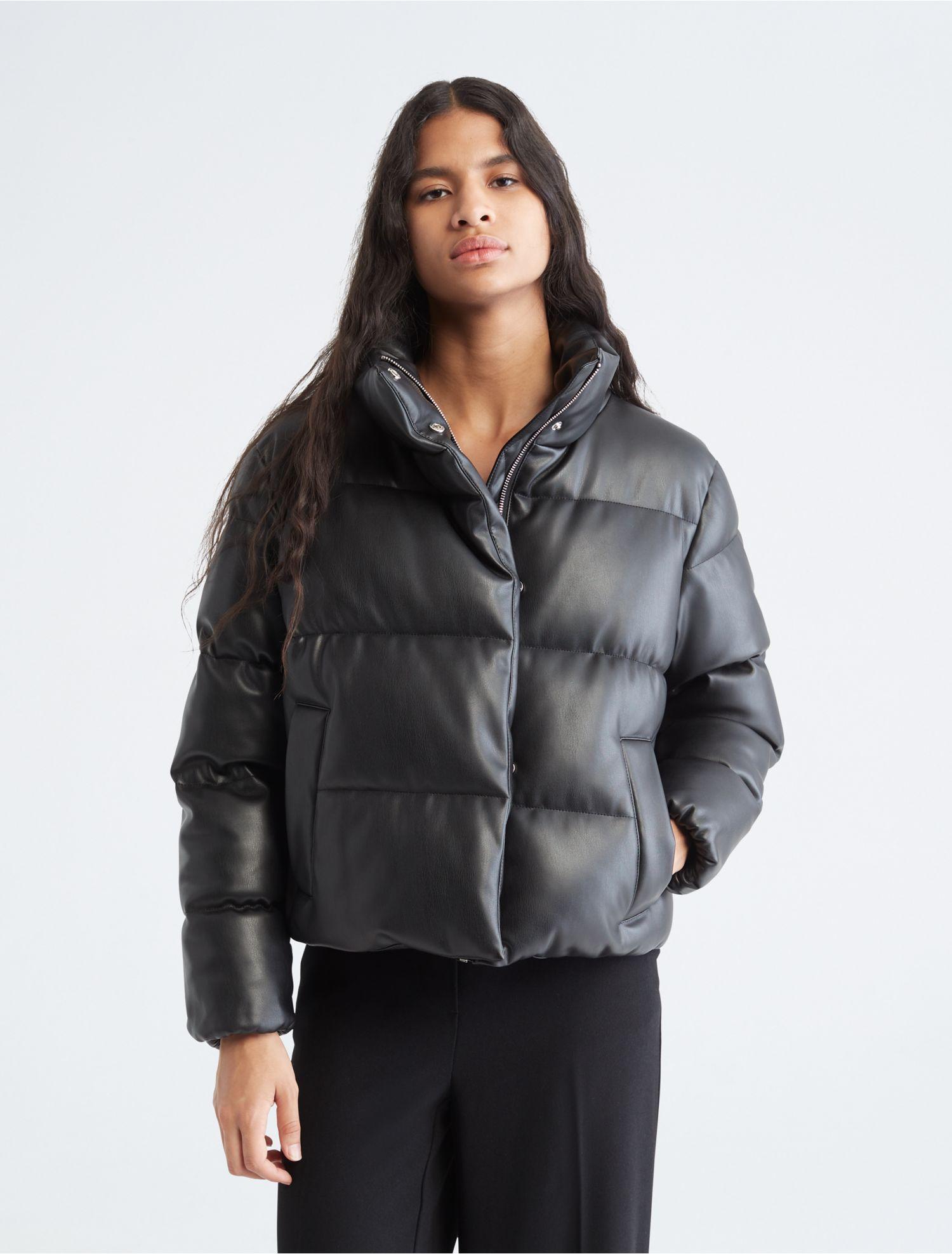 Calvin Klein Faux Leather Puffer Jacket in Gray | Lyst