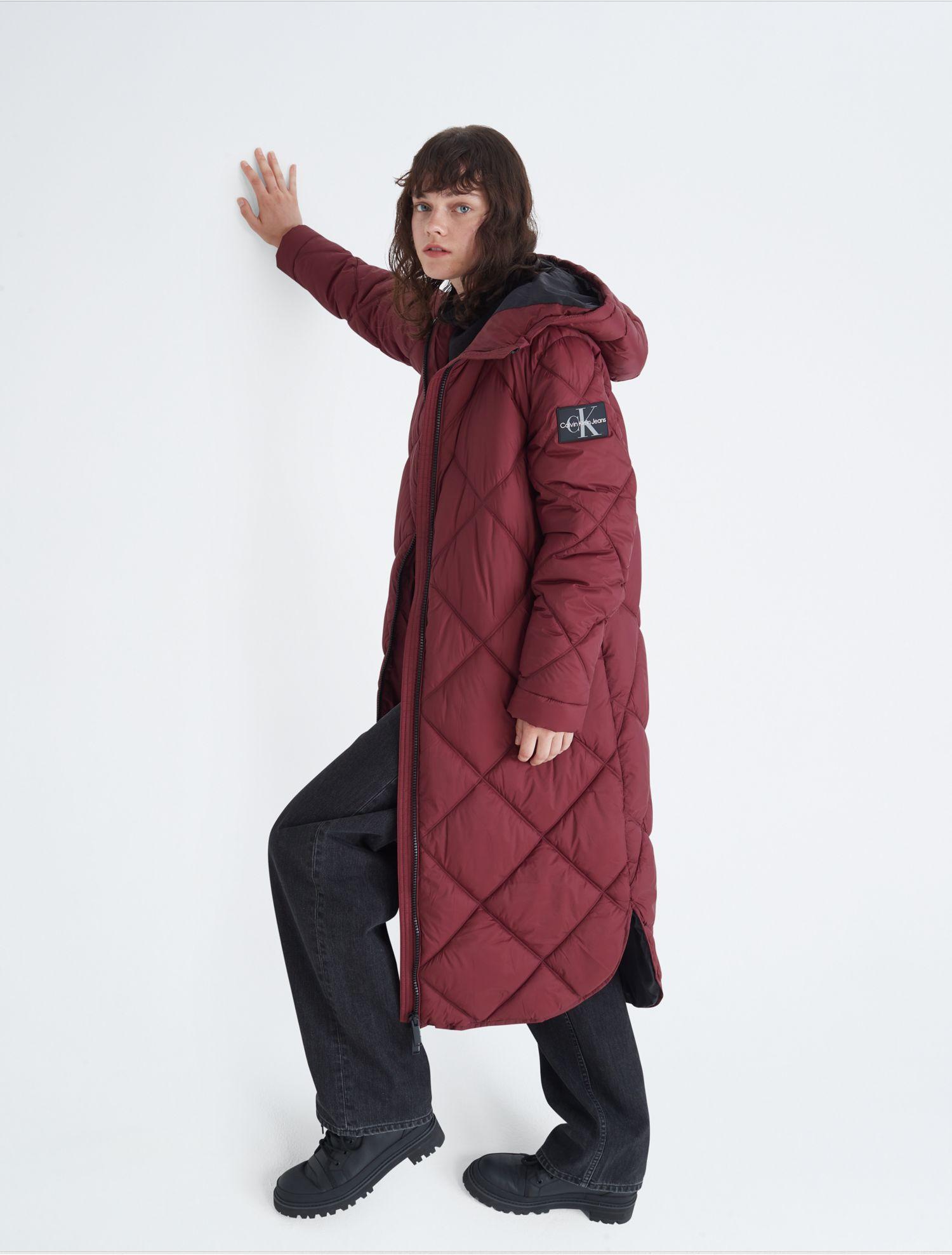 Calvin Klein Repreve® Hooded Long Puffer Jacket in Red | Lyst