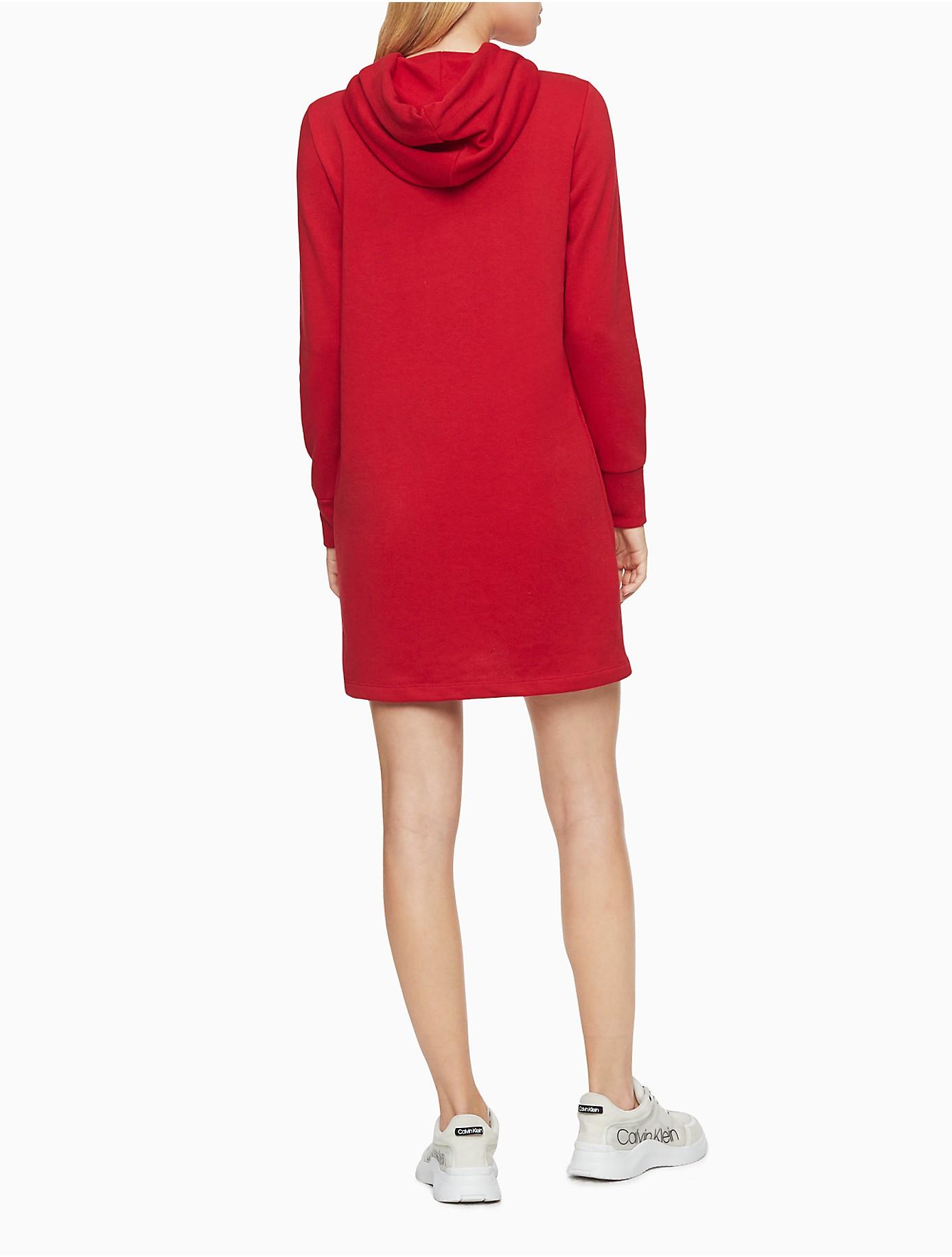 Calvin Klein Cotton Embossed Logo Hooded Sweatshirt Dress in Red - Lyst