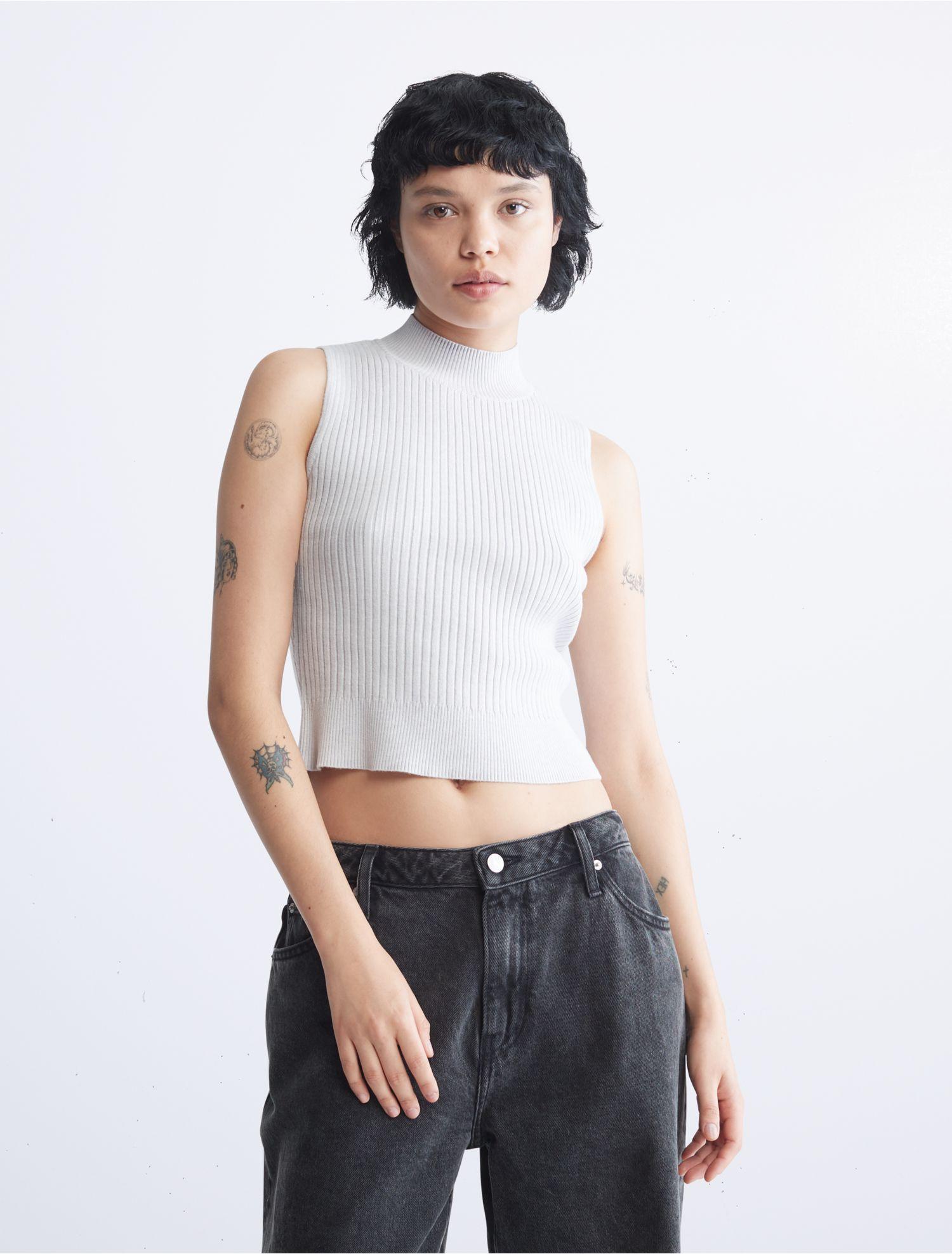 Calvin Klein Ribbed Mock Neck Cropped Top in White | Lyst