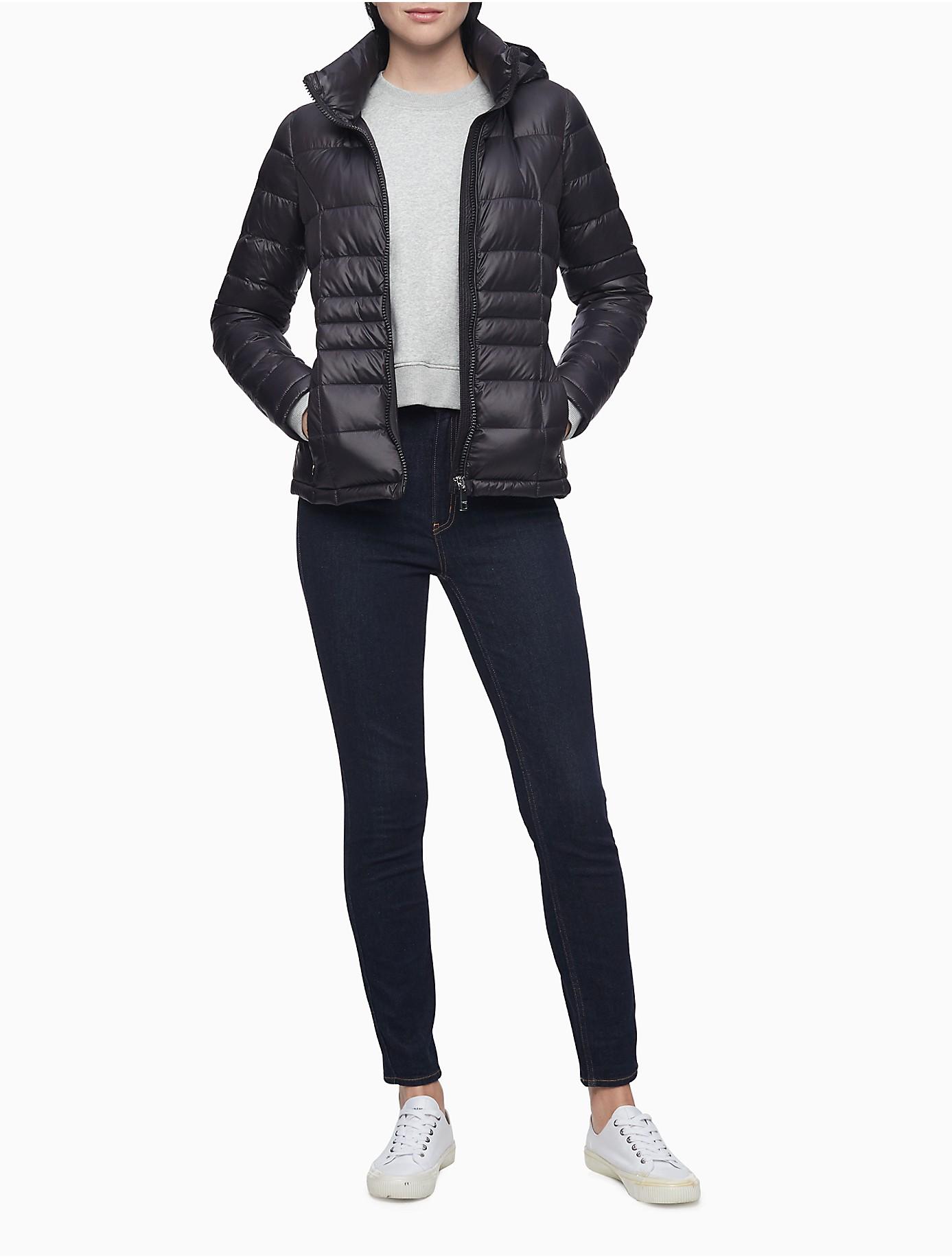 Packable down hooded puffer jacket calvin klein Clearance