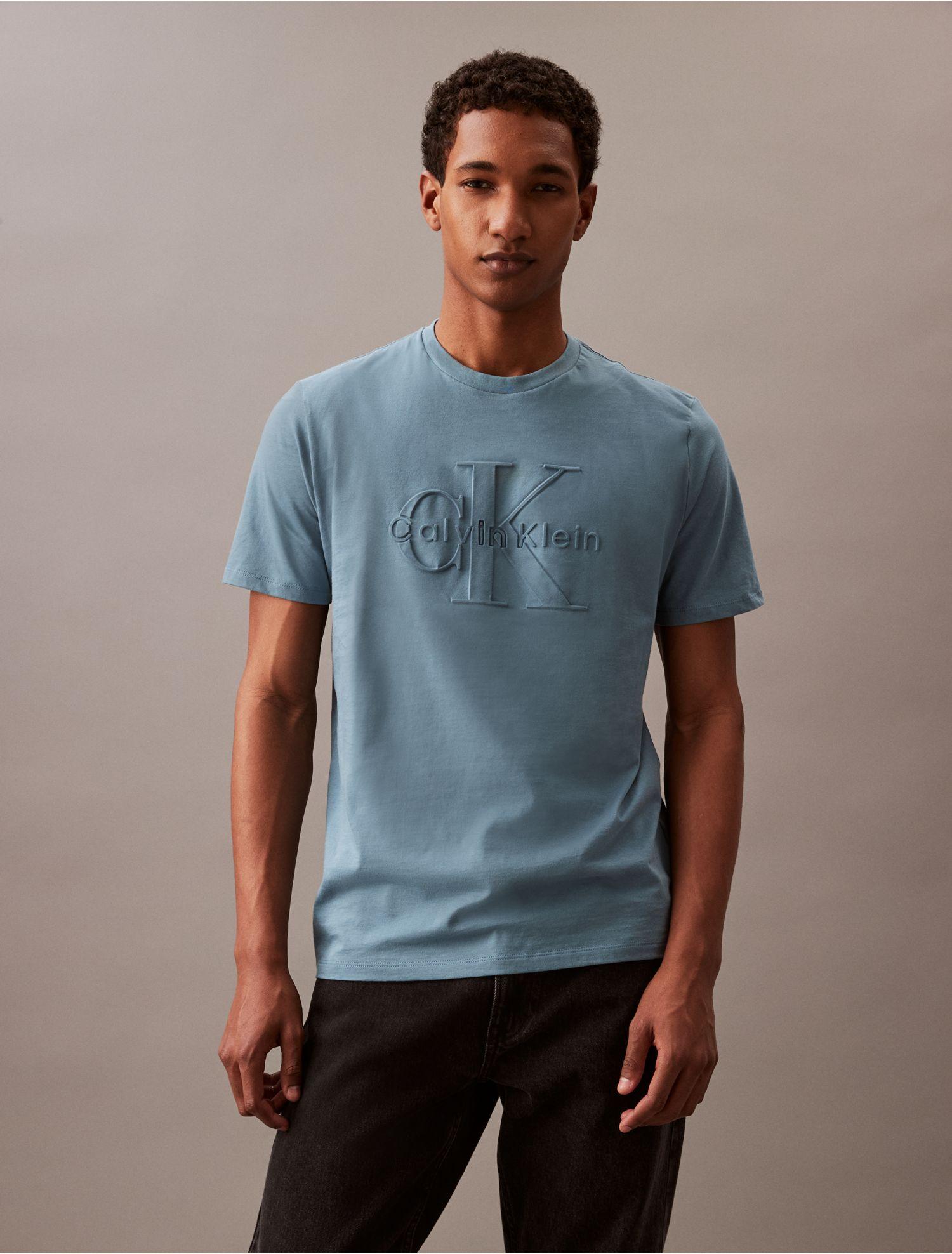 Calvin Klein Embossed Monogram Logo Crewneck T-shirt in Blue for Men | Lyst