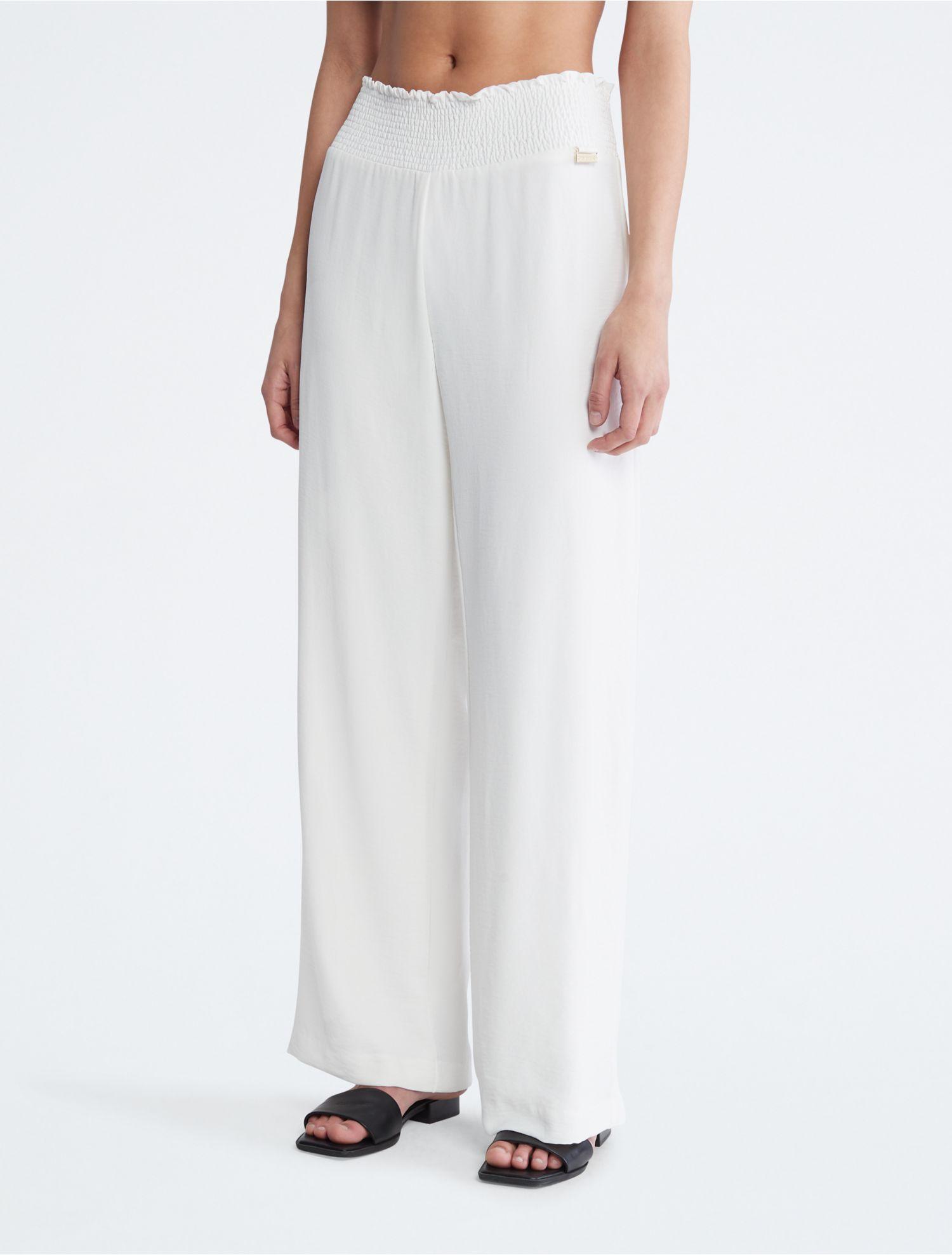 Calvin Klein Smocked Waist Wide Leg Pants in White | Lyst