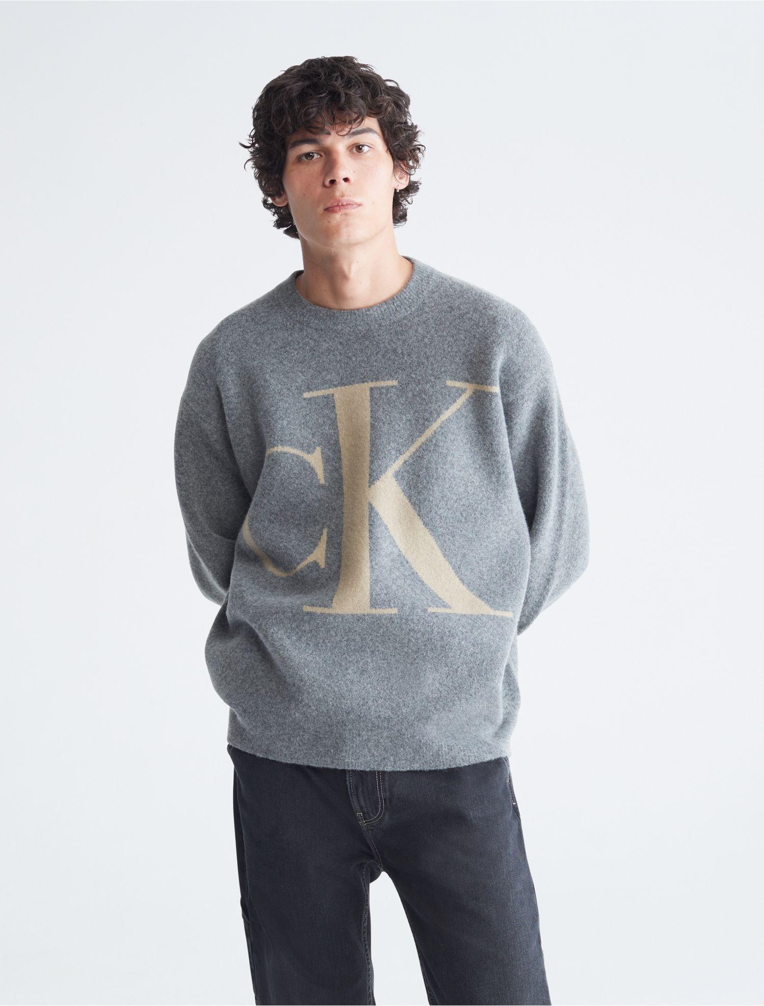 Calvin Klein Monogram Logo Jacquard Crewneck Sweater in Blue for Men | Lyst