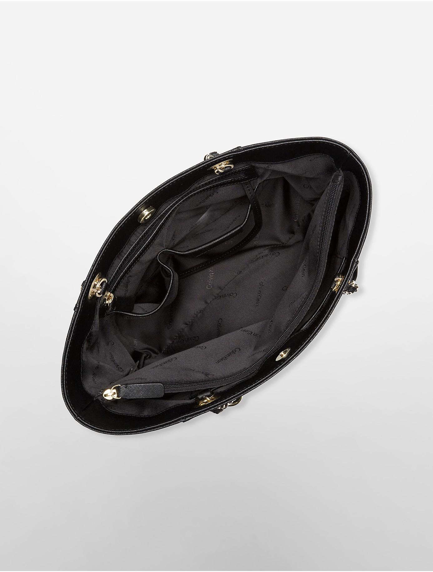 Calvin Klein Beige Saffiano Leather Chain-Trimmed Tote Bag 
