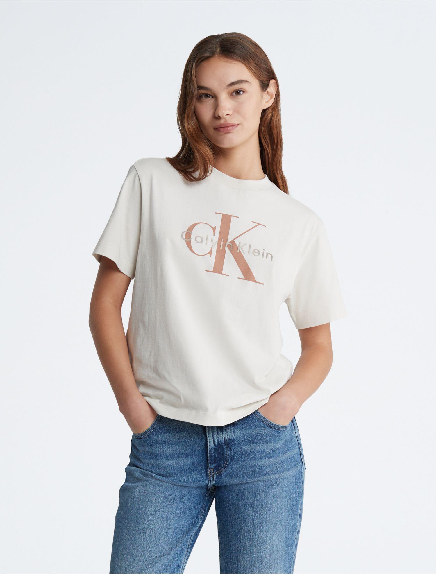 Calvin Klein Metallic Monogram Logo Boxy Crewneck T-shirt in White