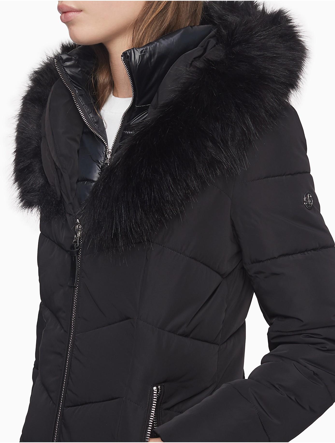 Wiegen Verhoog jezelf wrijving Calvin Klein Heavyweight Zip Faux Fur Hooded Puffer Jacket in Black | Lyst