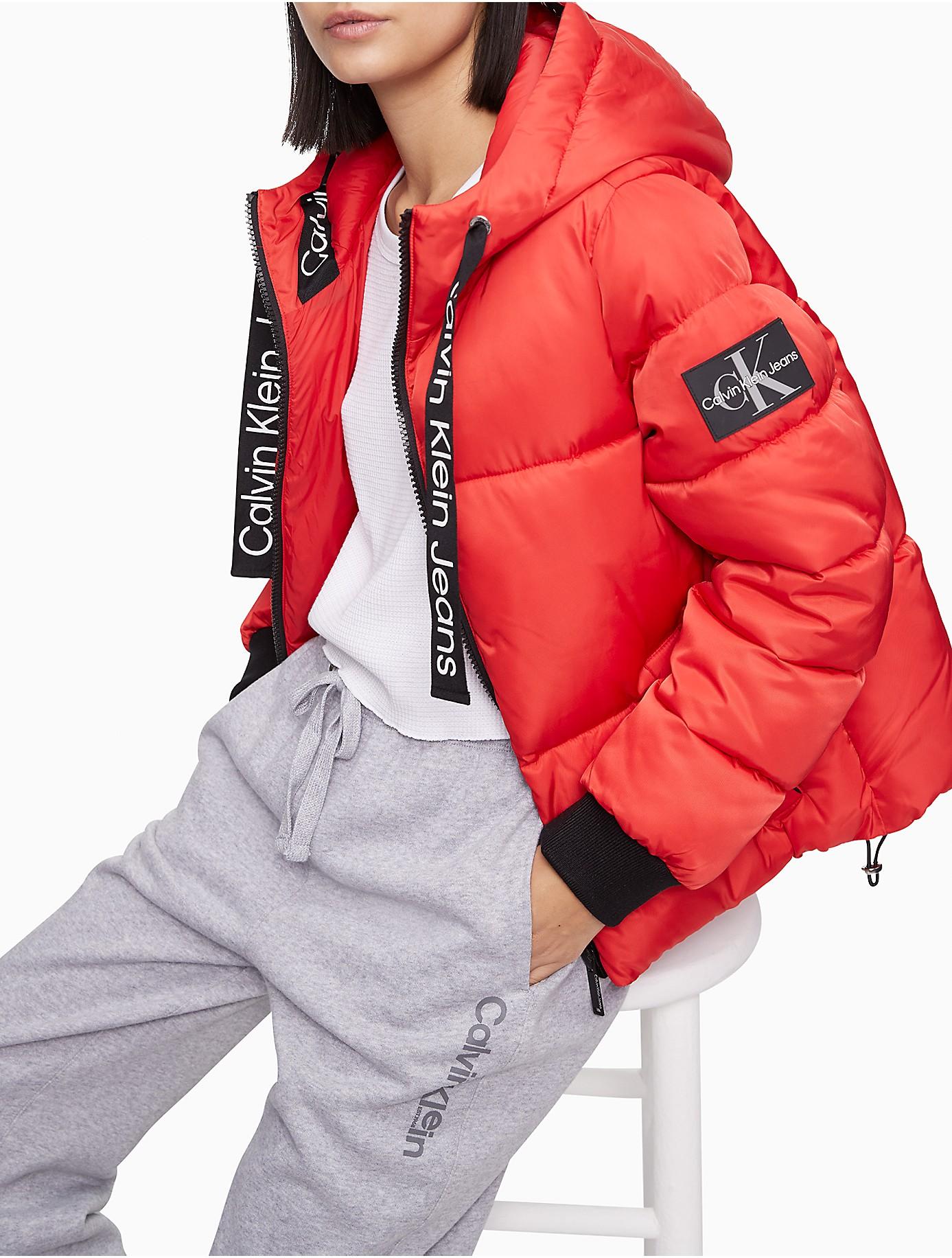 Calvin Klein Quilted Nylon Twill Monogram Logo Puffer Jacket in Red | Lyst
