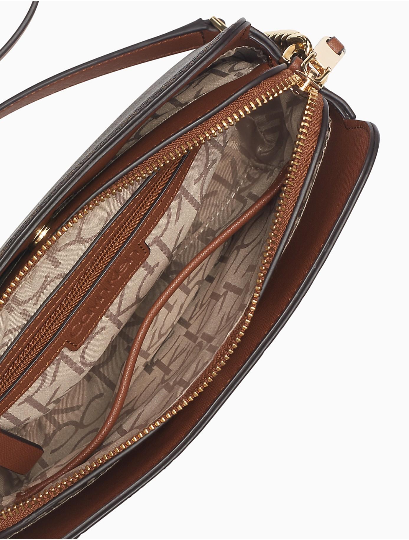 Calvin Klein Hayden Saffiano Leather Monogram Logo Crossbody Bag in Brown |  Lyst