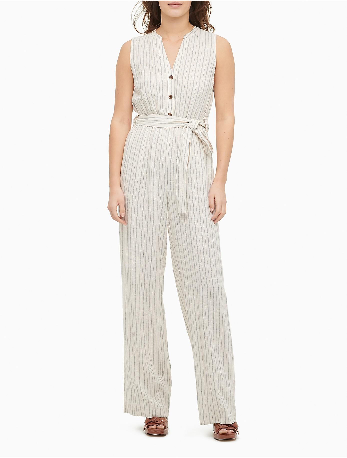 Calvin Klein Striped Linen Vneck Belted Jumpsuit in Natural Stripe