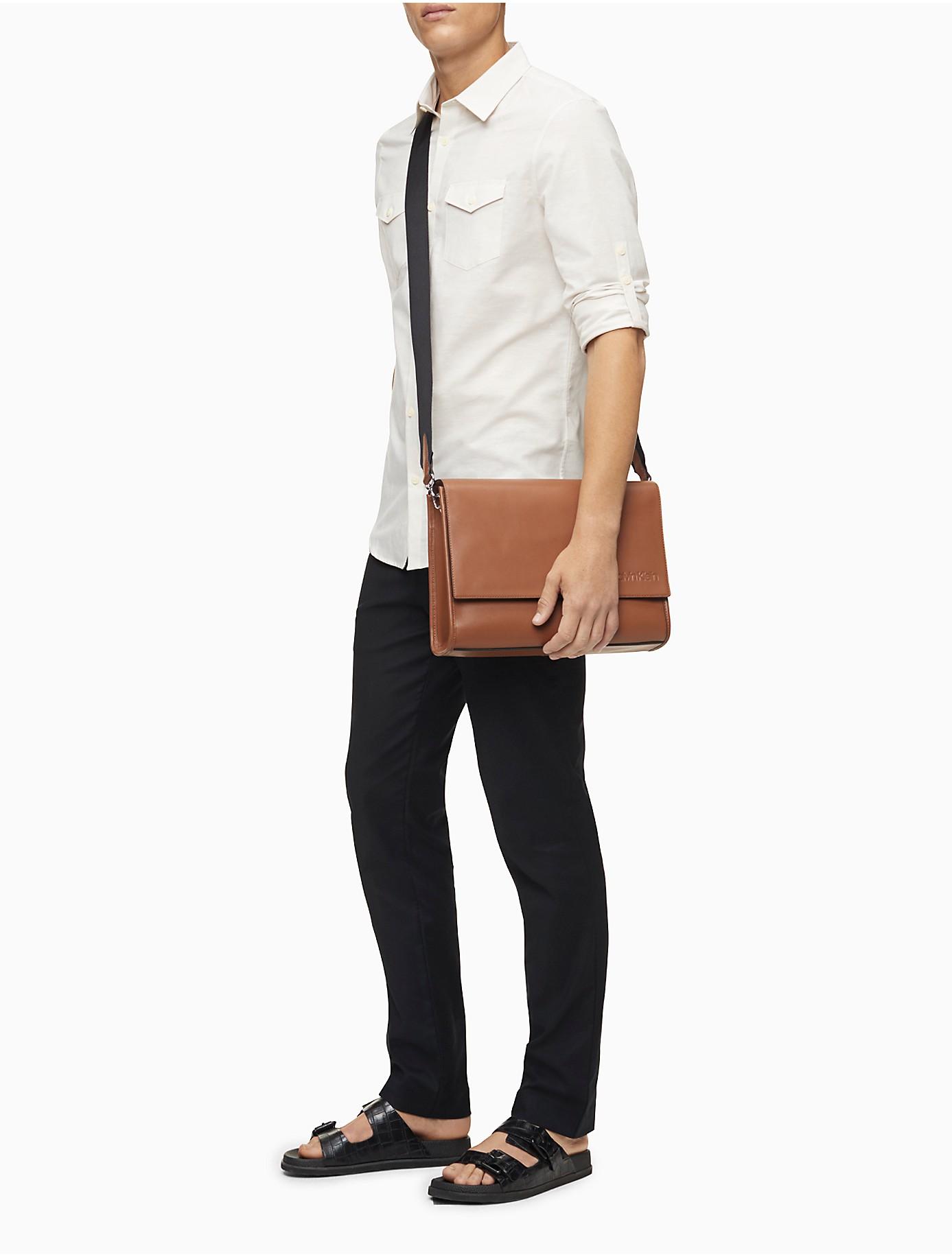 Calvin Klein Refined Leather Messenger Bag in Brown for Men Lyst