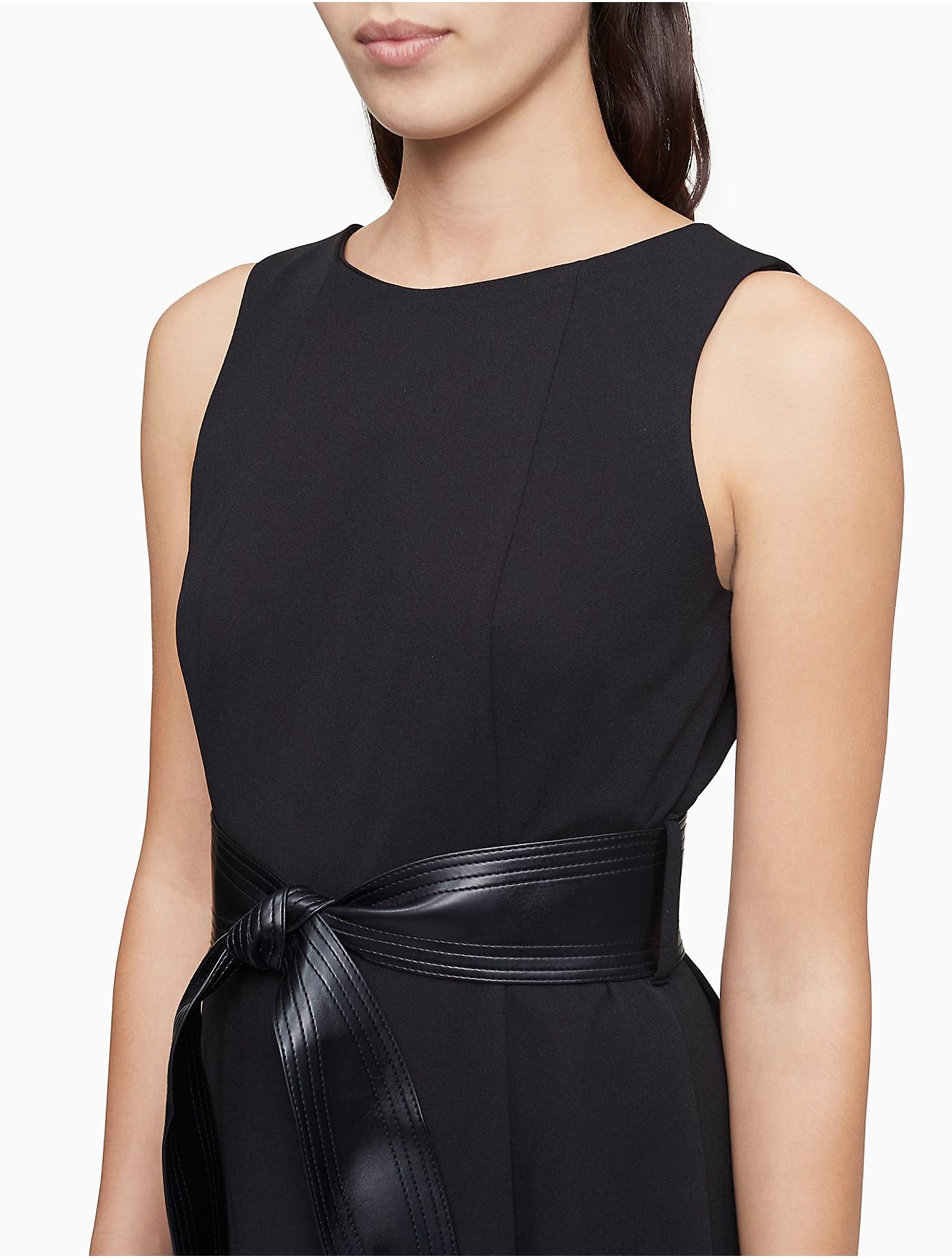Calvin Klein Solid Belted A-line Midi Dress in Black | Lyst