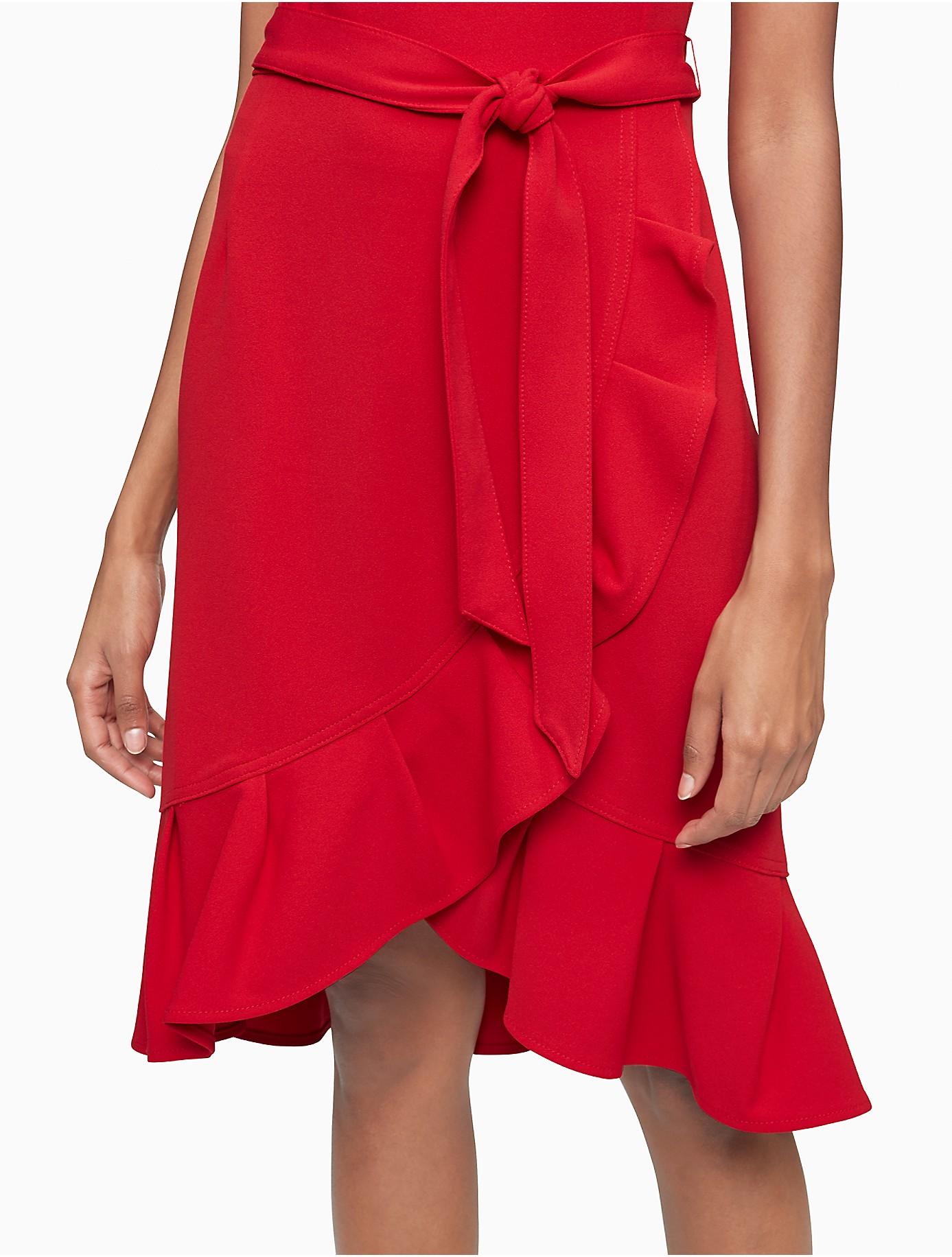 Calvin Klein Synthetic Solid Belted Ruffle Hem Dress in Red - Lyst