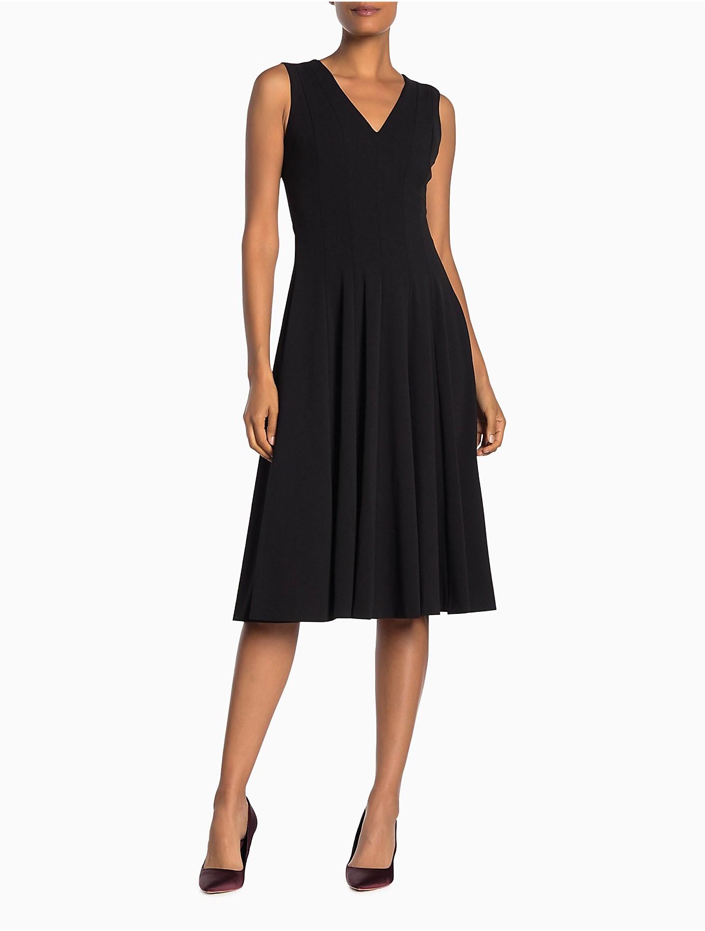 Calvin Klein Synthetic Solid Vneck Fit + Flare Dress in Black Lyst