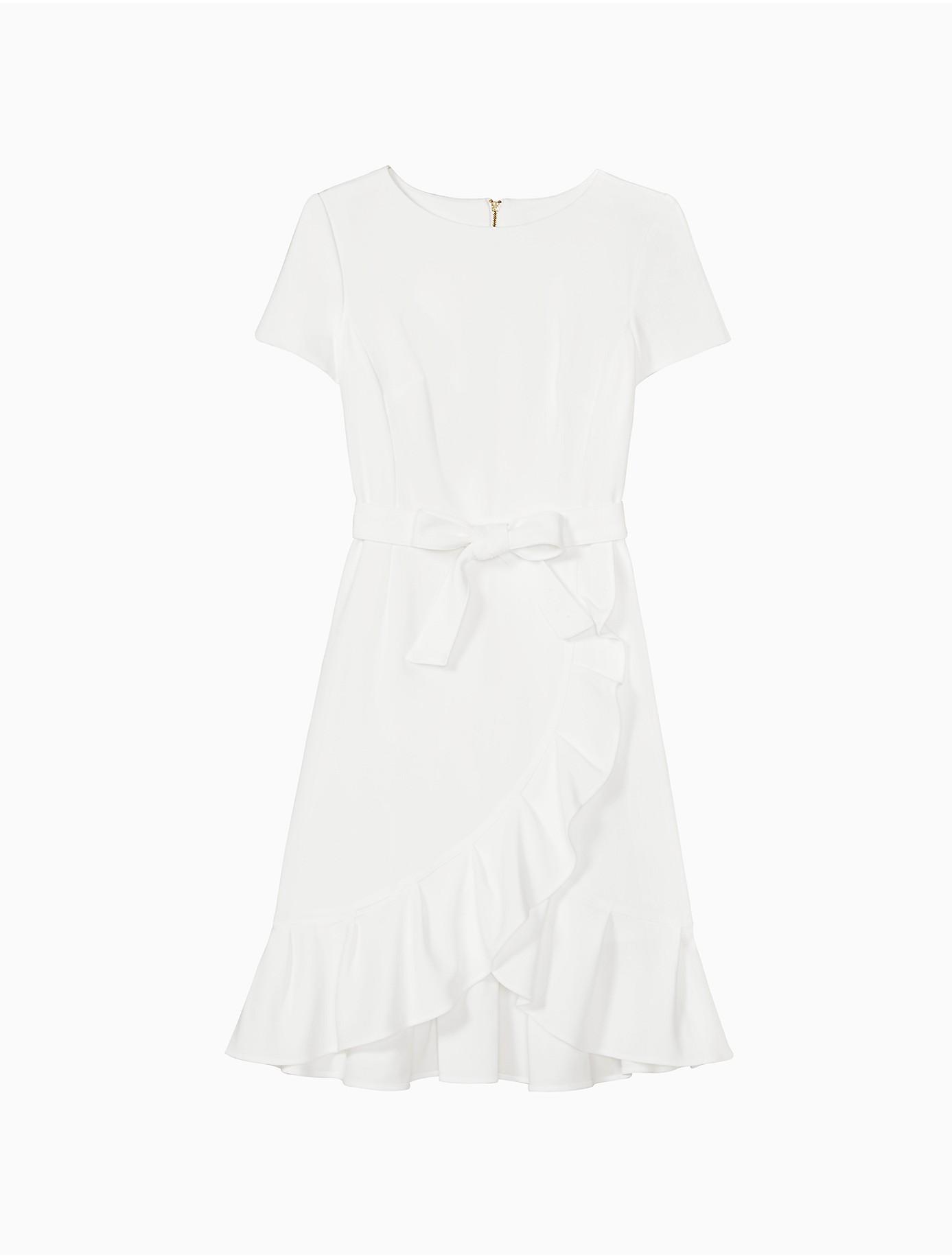 Calvin Klein Belted Ruffle Hem Short Sleeve Dress in White | Lyst