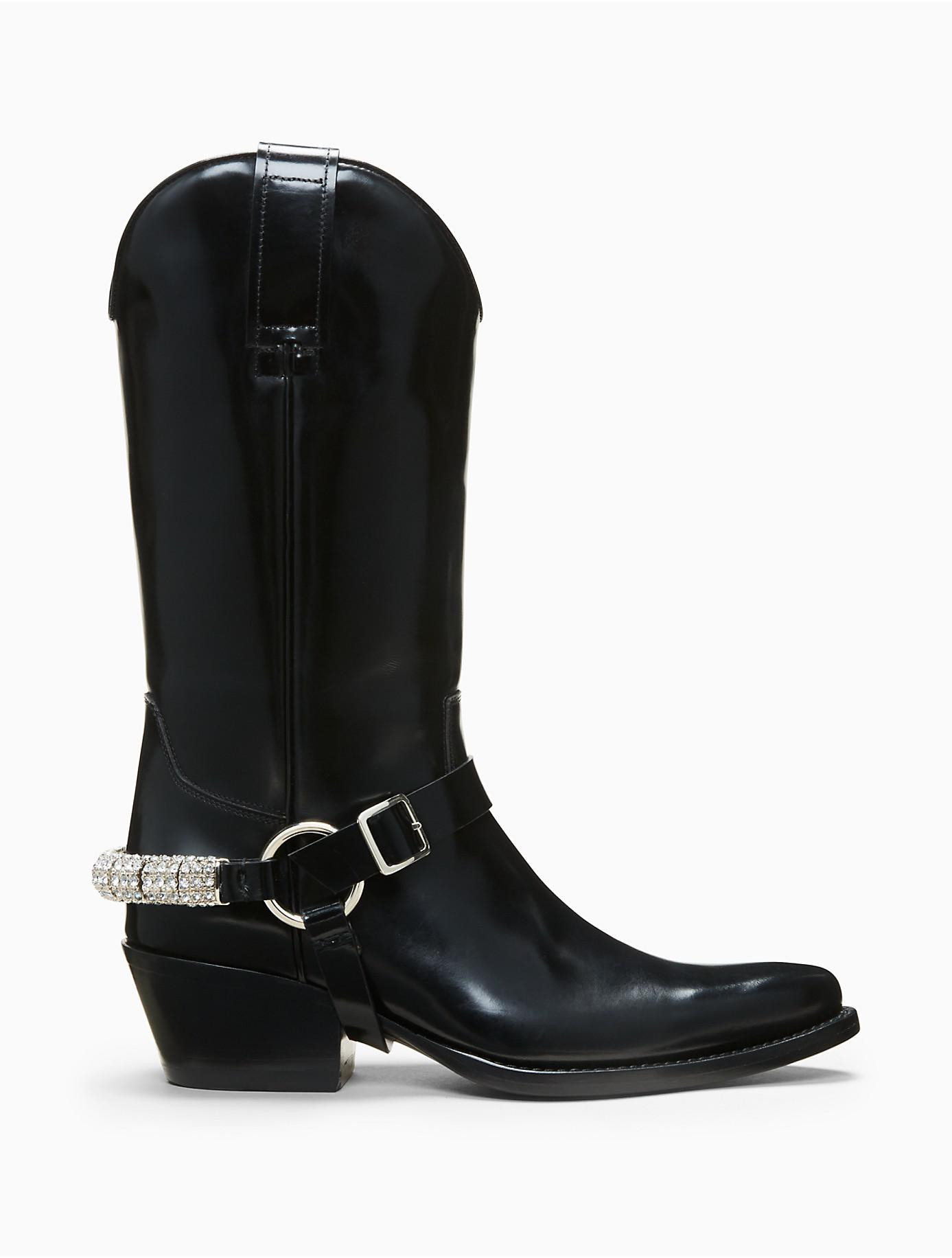 CALVIN KLEIN 205W39NYC Western Ankle Boot In Calf Leather With Crystal  Harness in Black | Lyst